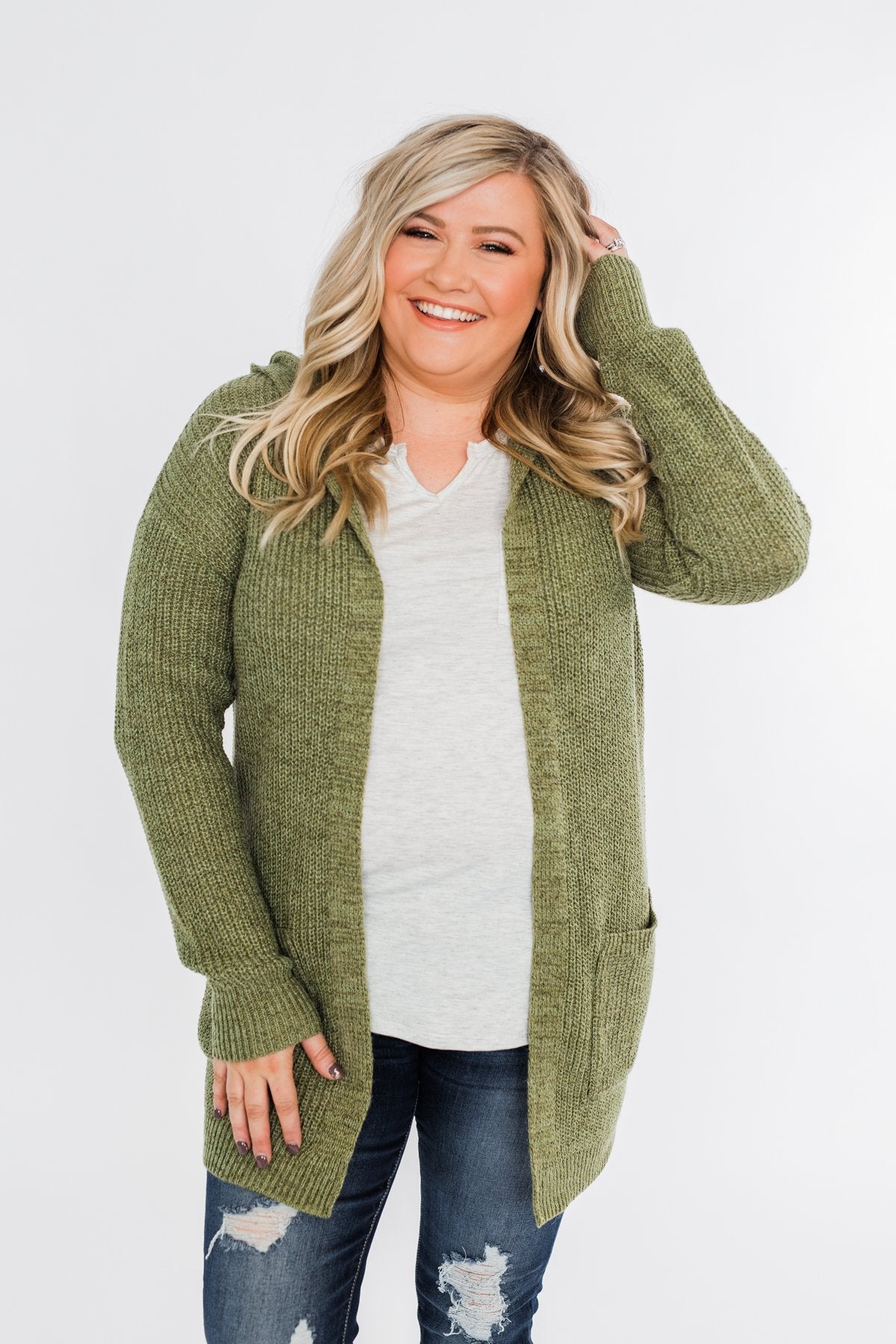 Cozy For The Season Hooded Cardigan- Olive