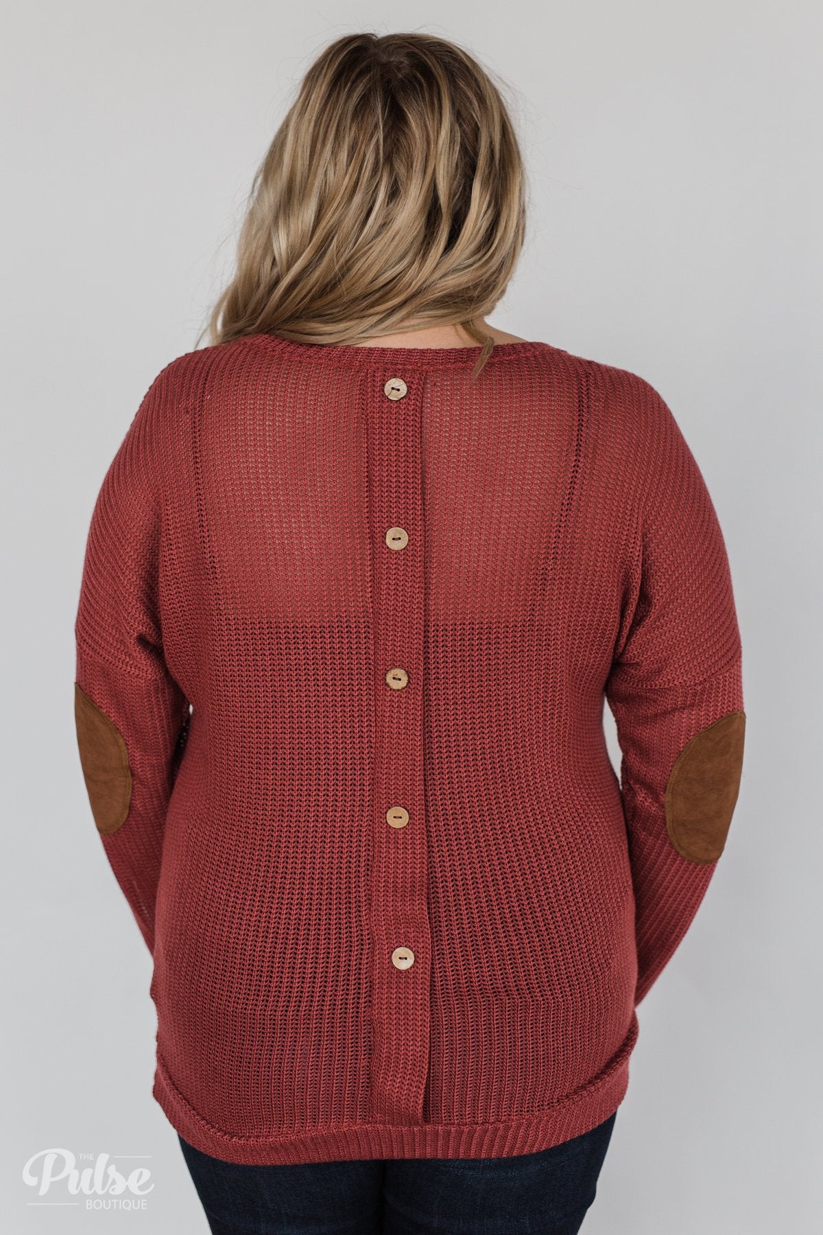 Button Down Back Elbow Patch Sweater- Brick