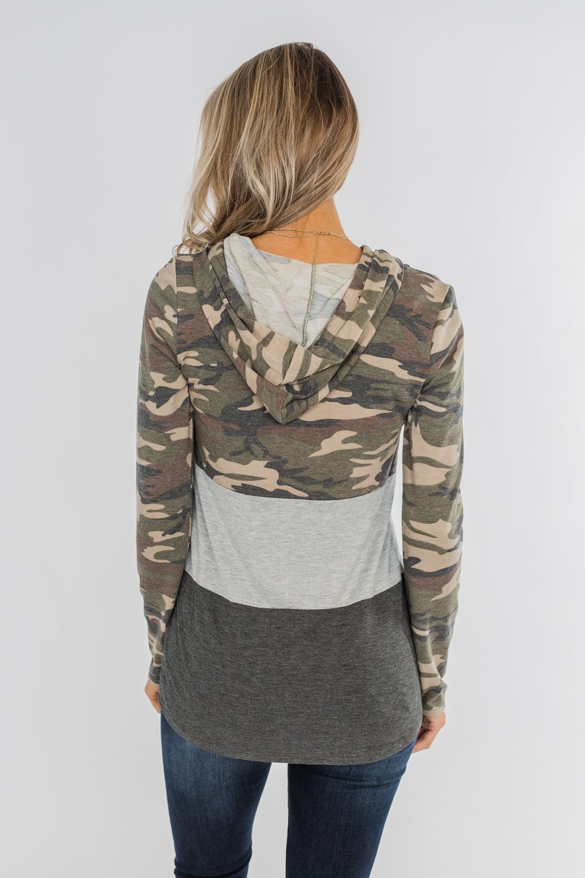 Cloaked In Camo Color Block Hoodie- Grey & Charcoal