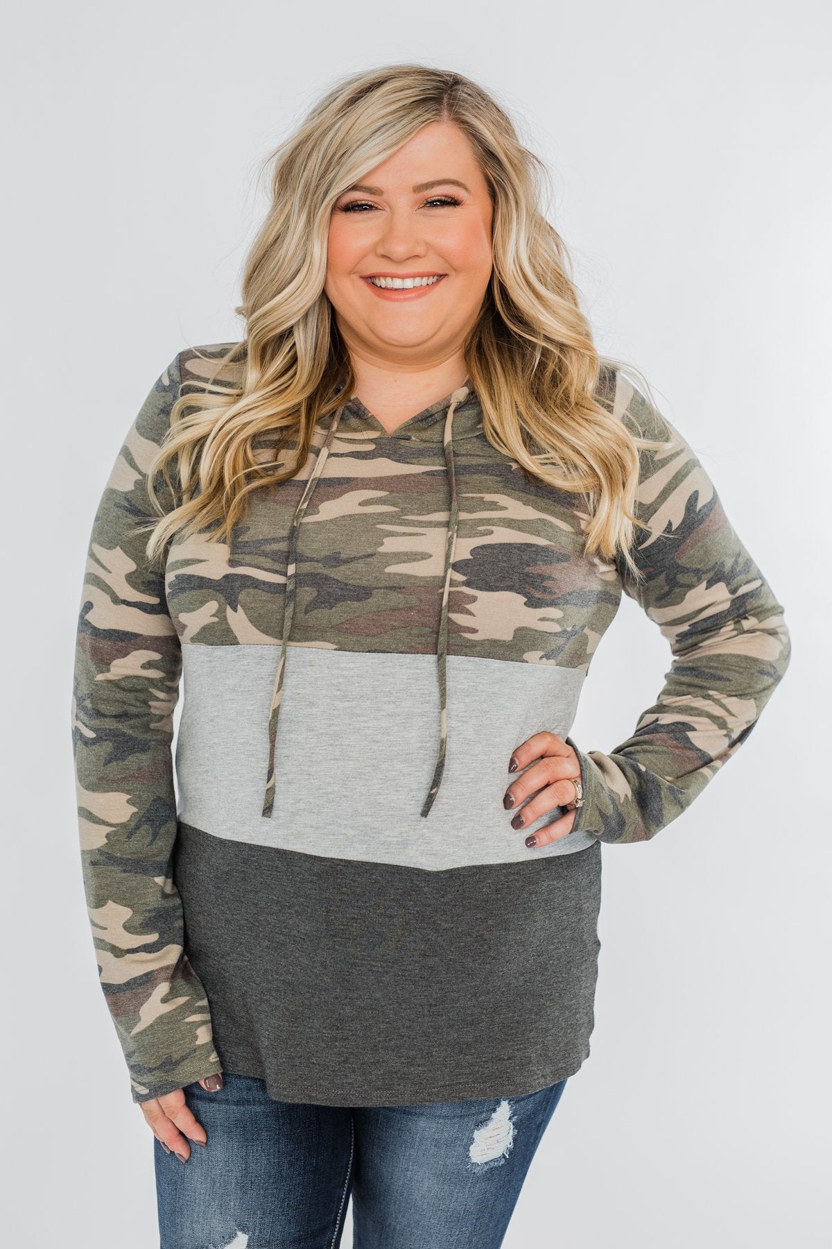 Cloaked In Camo Color Block Hoodie- Grey & Charcoal
