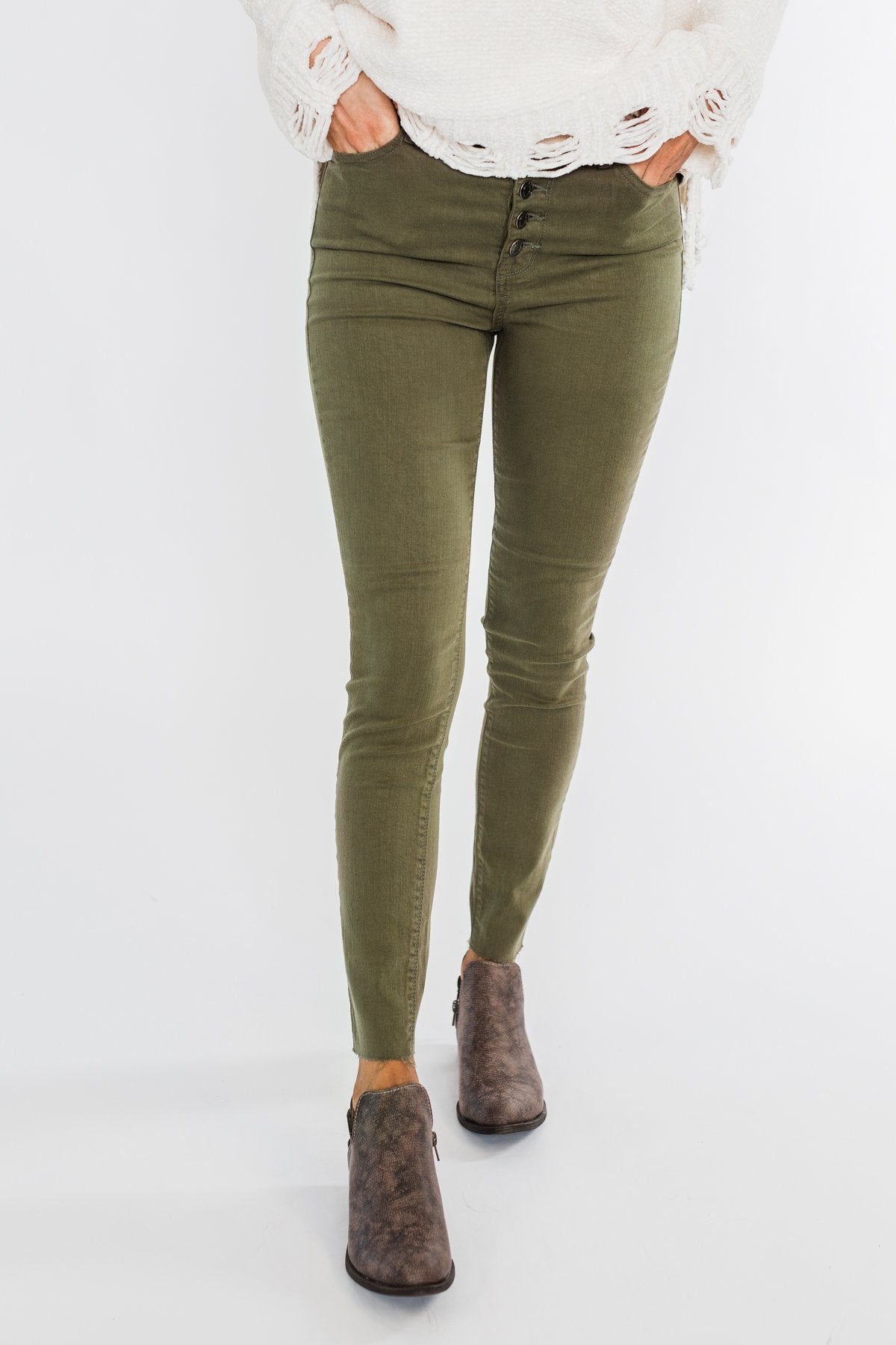 Cello Button Fly Skinny Jeans- Olive