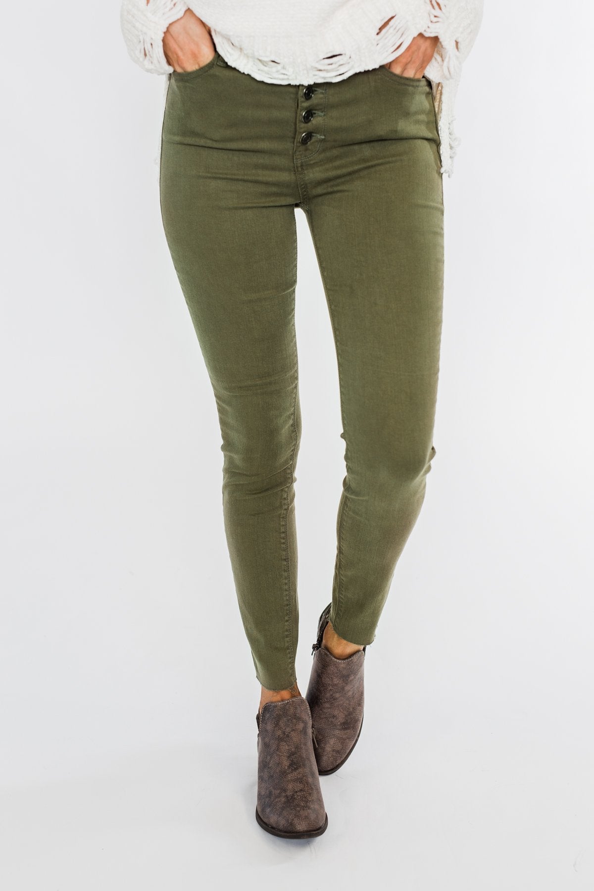 Cello Button Fly Skinny Jeans- Olive