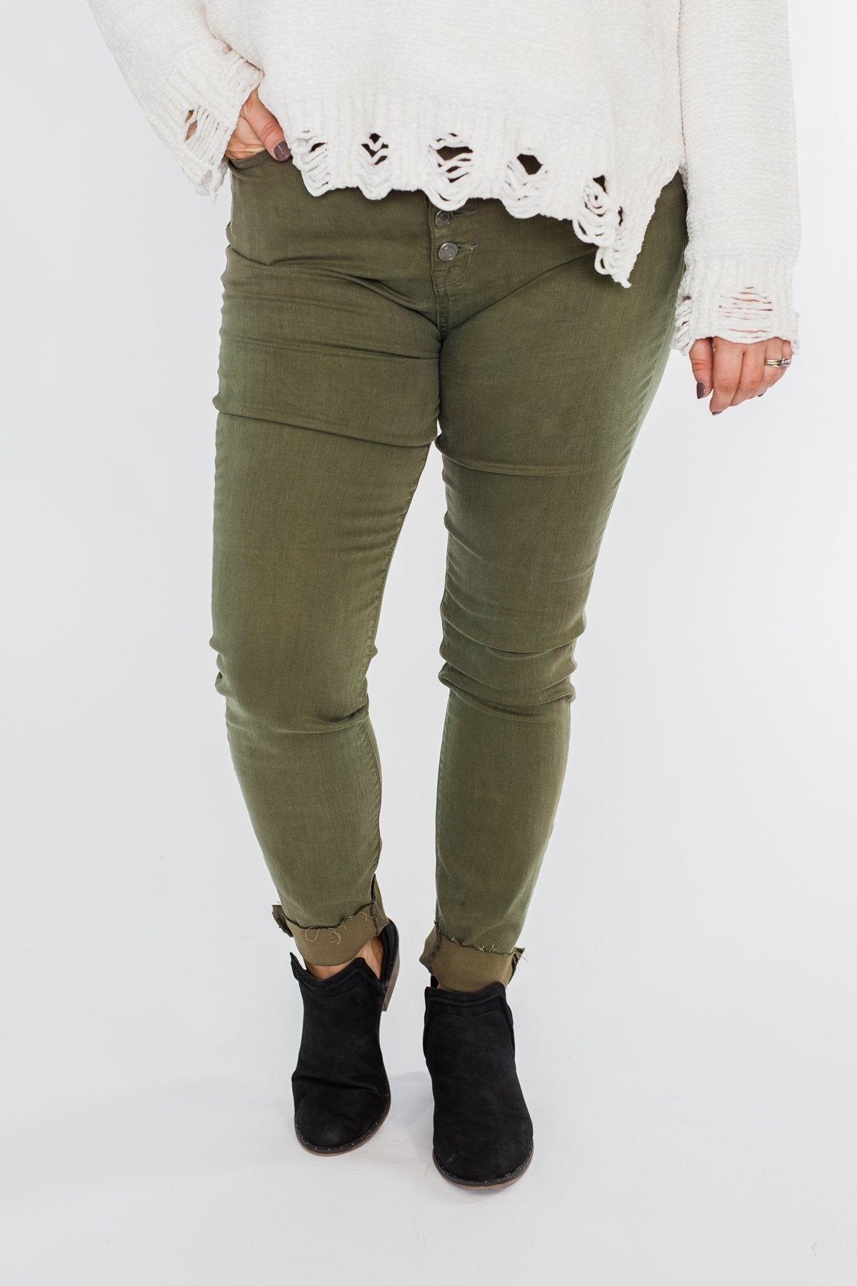 Cello Button Fly Skinny Jeans- Olive