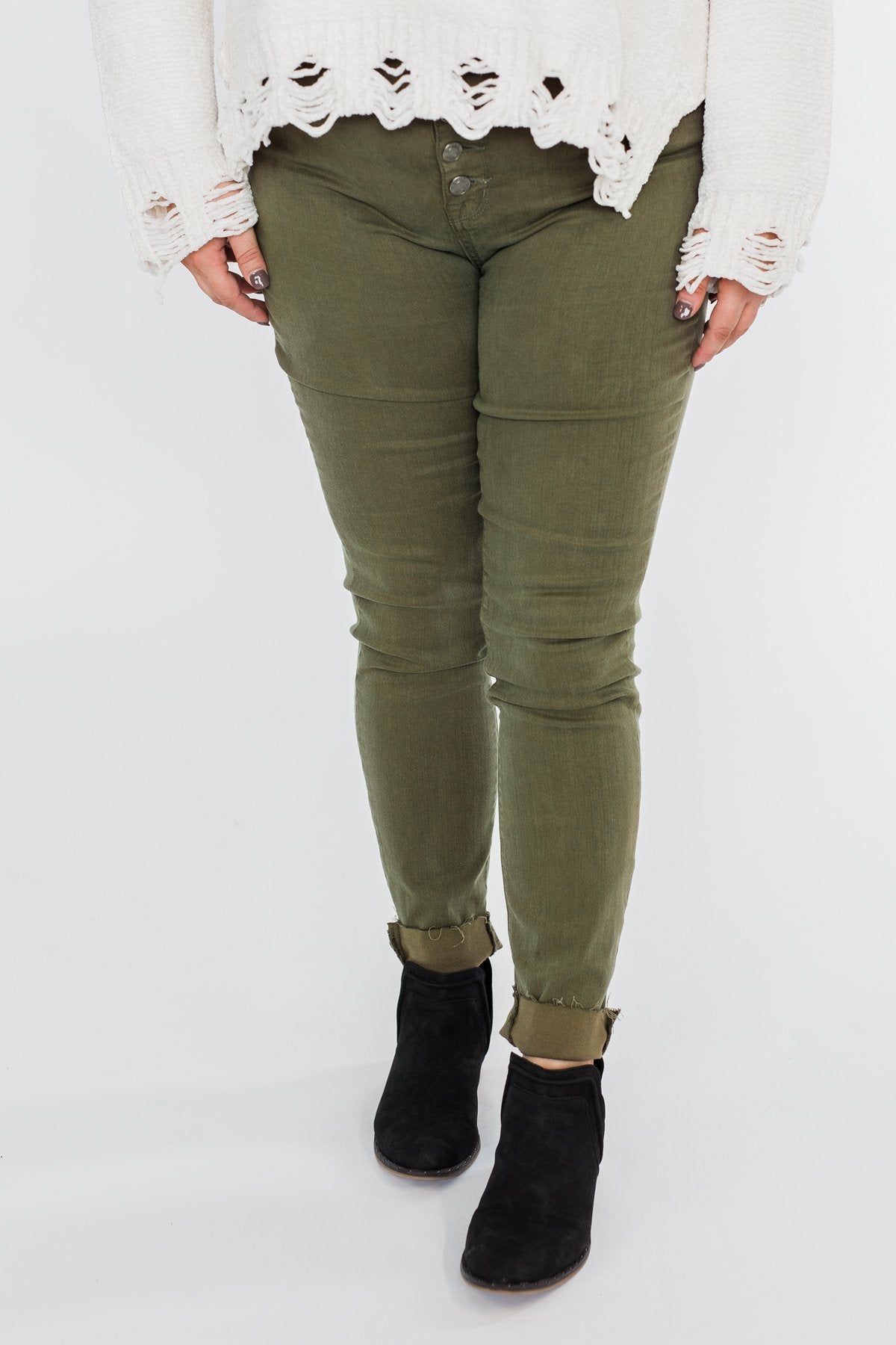 Cello Button Fly Skinny Jeans- Olive