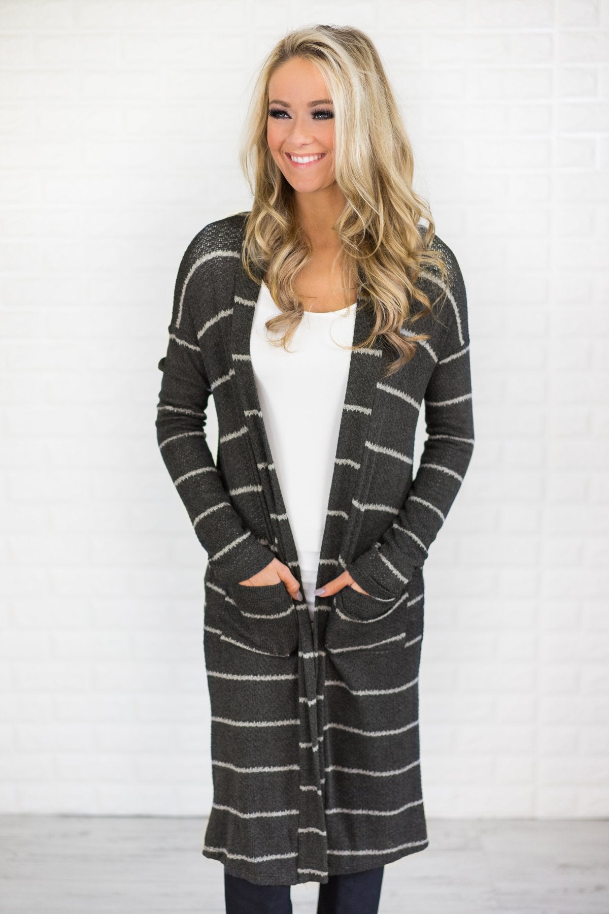 Long Charcoal & White Striped Cardigan