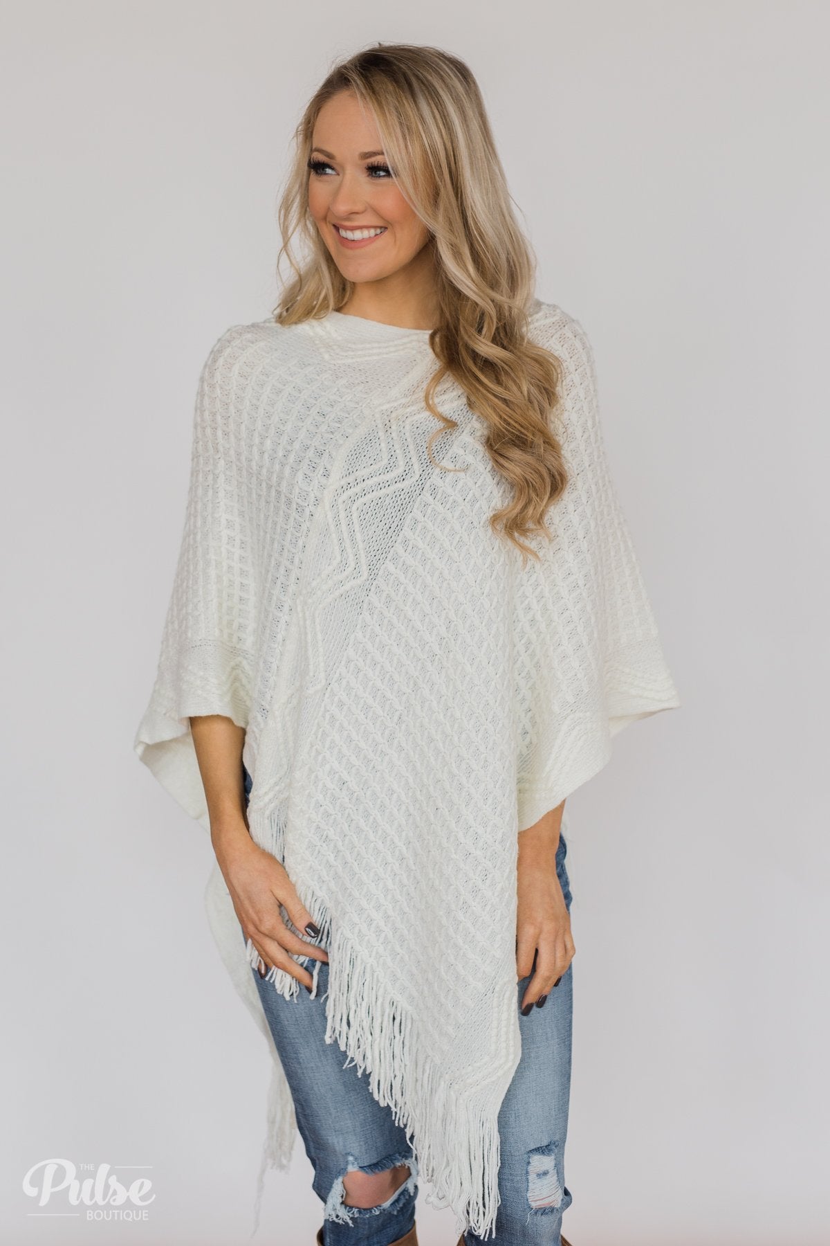 Gliding In Style Knitted Poncho Top- Ivory
