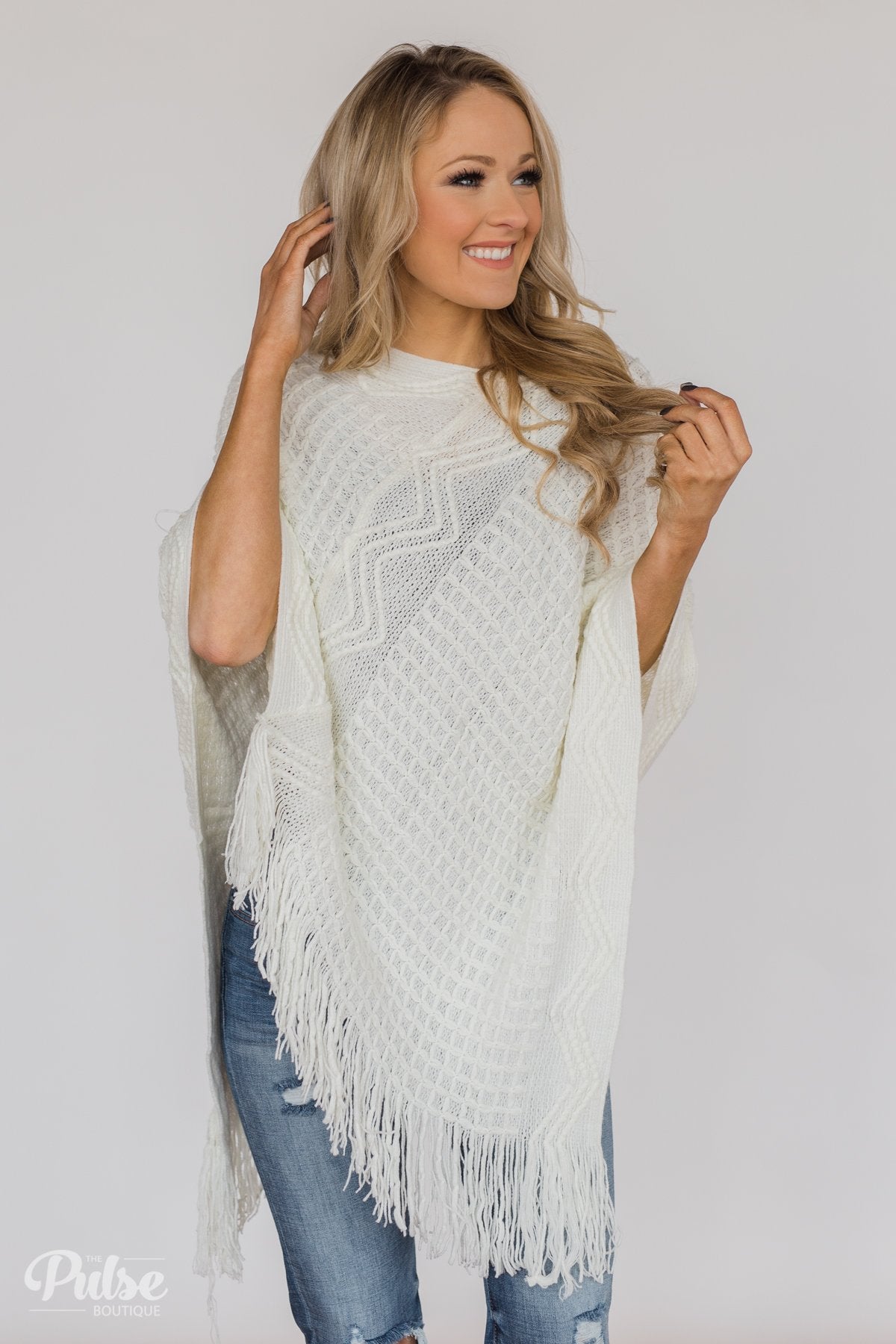 Gliding In Style Knitted Poncho Top- Ivory
