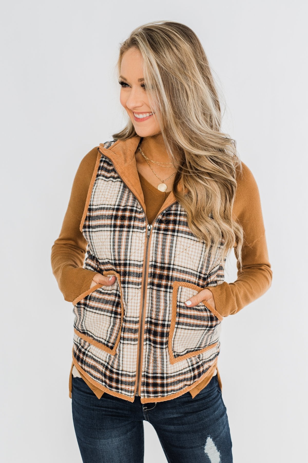 Quilted Plaid Puffer Vest- Camel & Navy