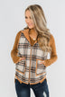 Quilted Plaid Puffer Vest- Camel & Navy