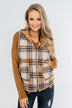 Quilted Plaid Puffer Vest- Camel & Navy