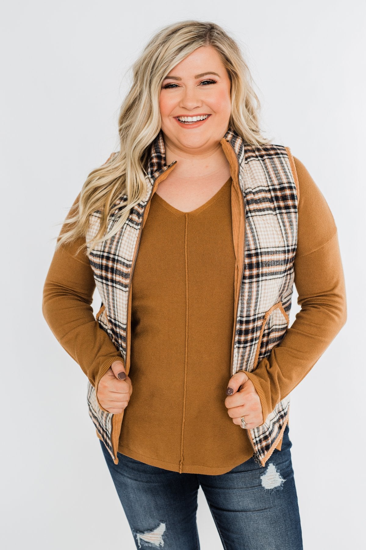Quilted Plaid Puffer Vest- Camel & Navy