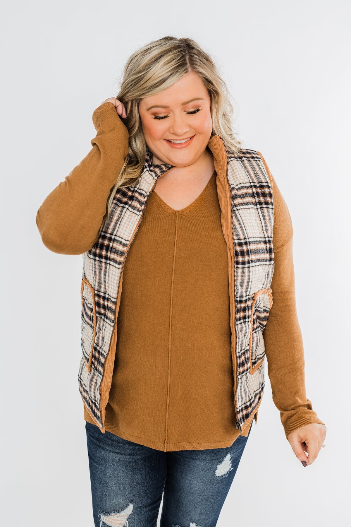 Quilted Plaid Puffer Vest- Camel & Navy