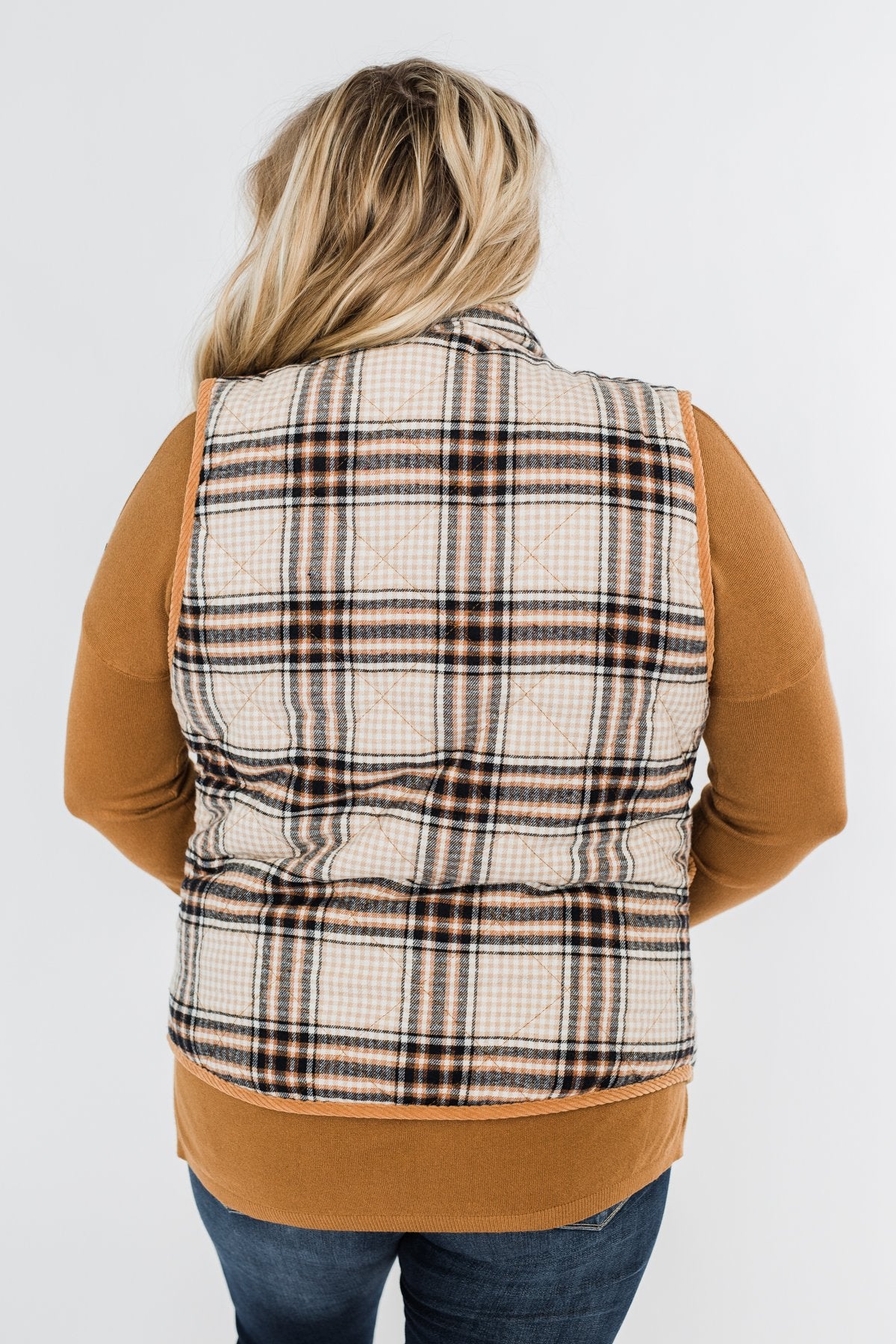Quilted Plaid Puffer Vest- Camel & Navy