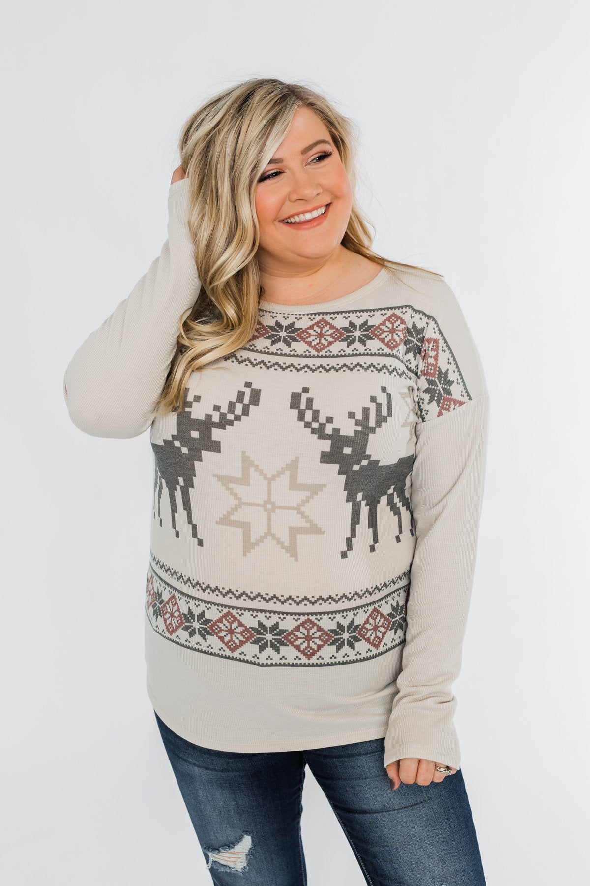 Dashing Through The Snow Thermal Top- Beige