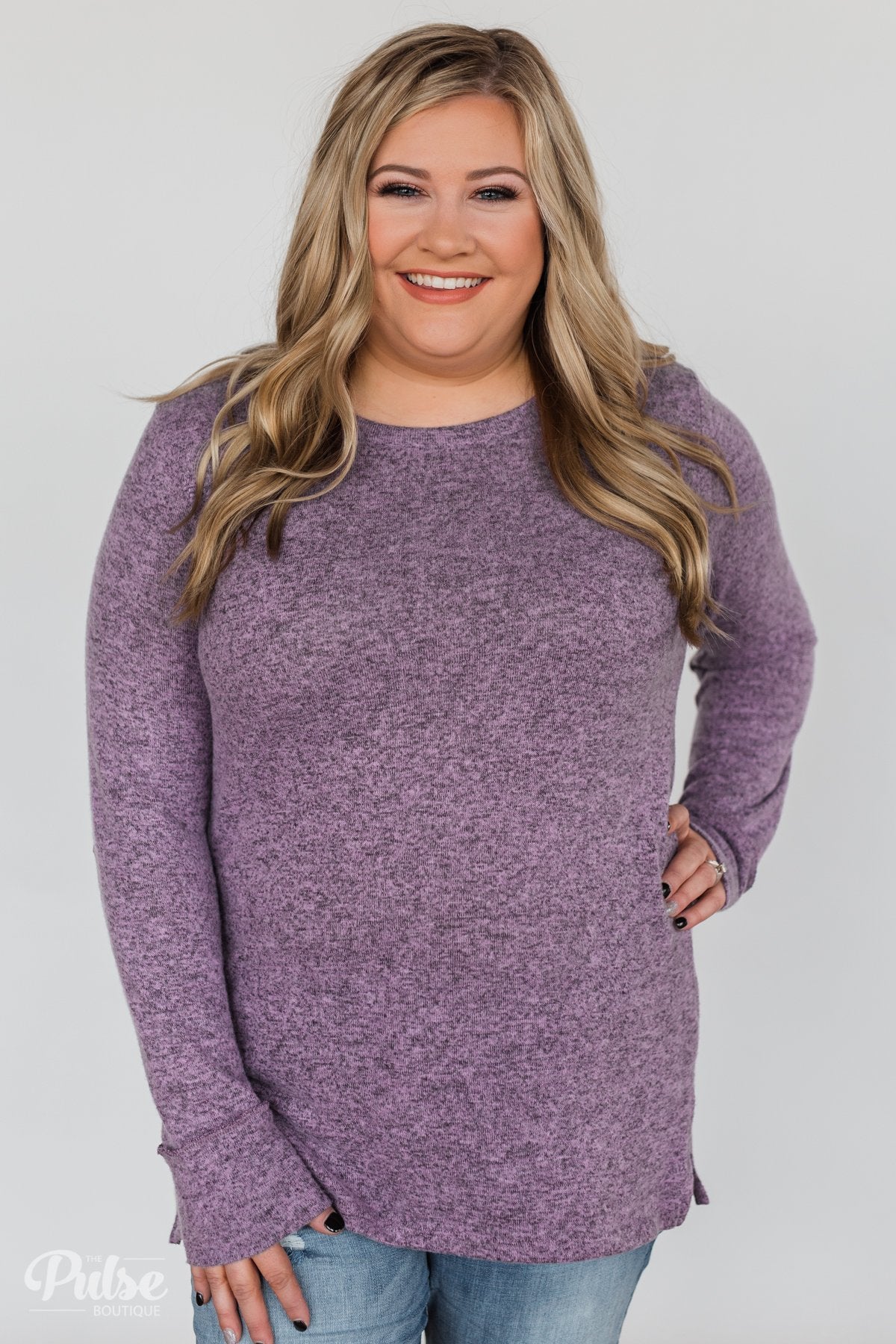 Button Down Back Elbow Patch Top- Heather Purple
