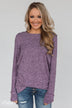 Button Down Back Elbow Patch Top- Heather Purple