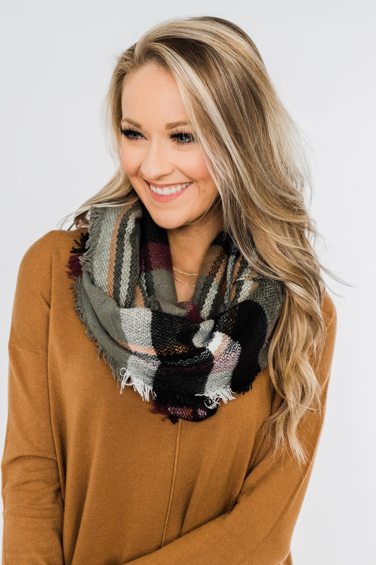 Plaid Infinity Scarf- Olive, Burgundy, & Black