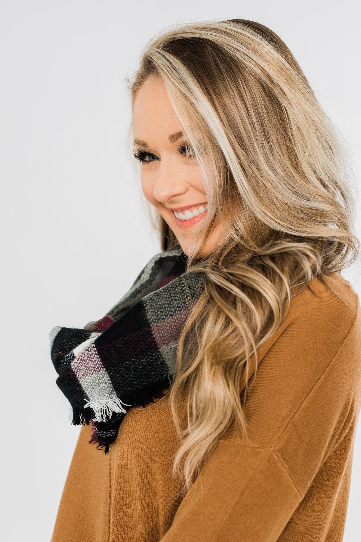 Plaid Infinity Scarf- Olive, Burgundy, & Black