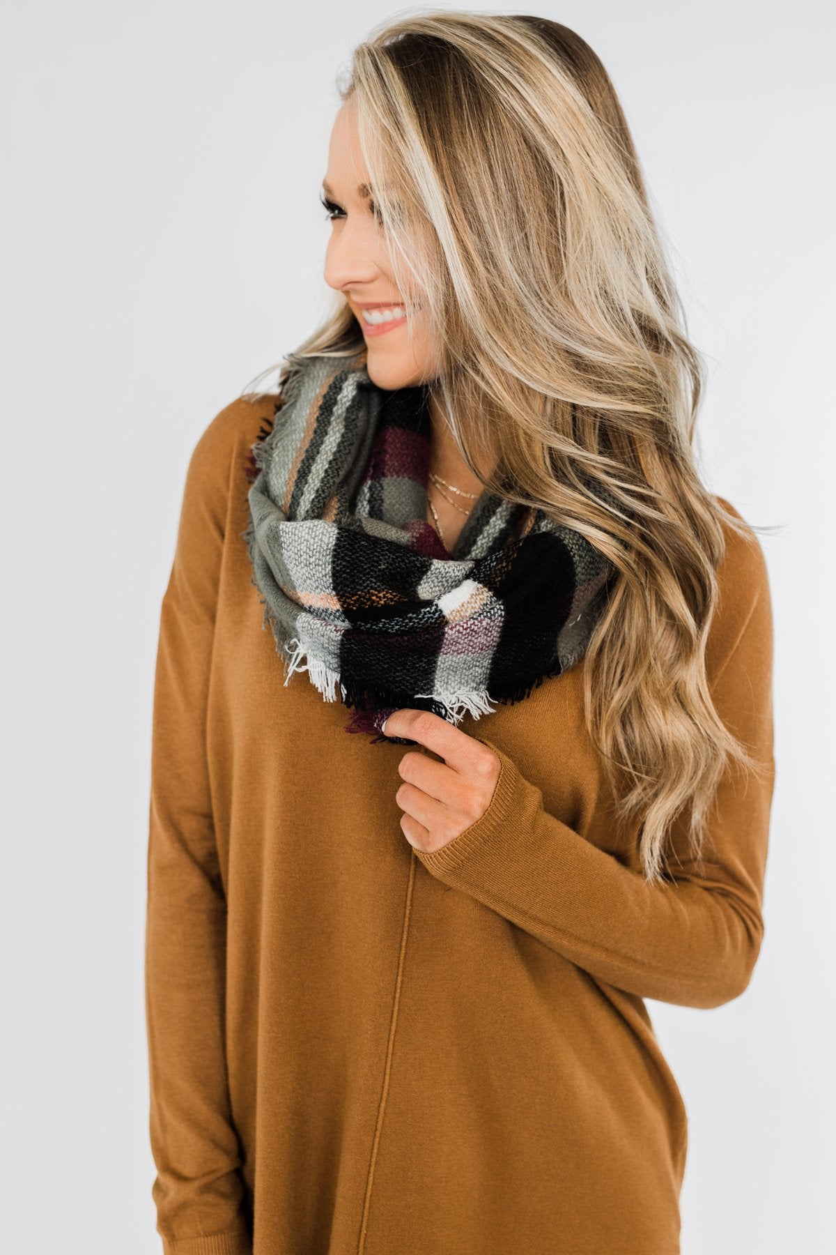 Plaid Infinity Scarf- Olive, Burgundy, & Black