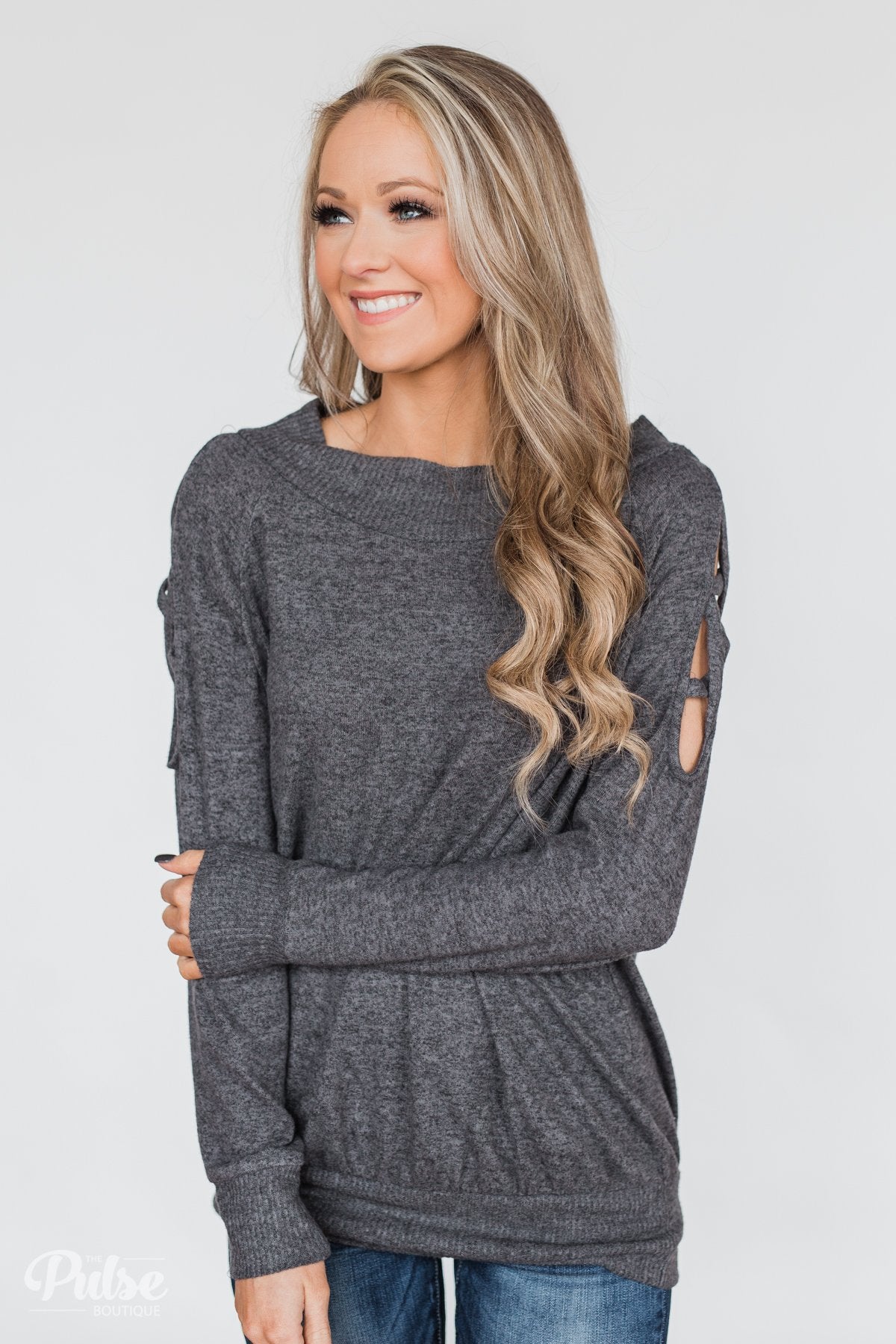 Keep Holding On Sleeve Detail Sweater- Charcoal