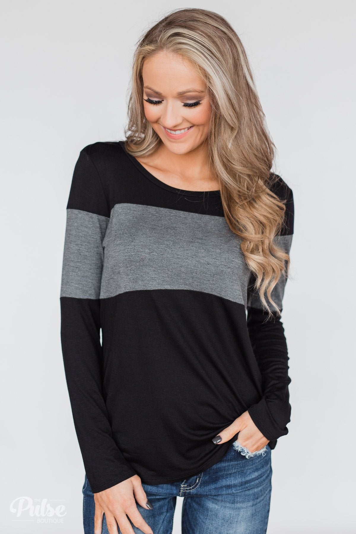 One Way Ticket Color Block Top- Black & Charcoal – The Pulse Boutique