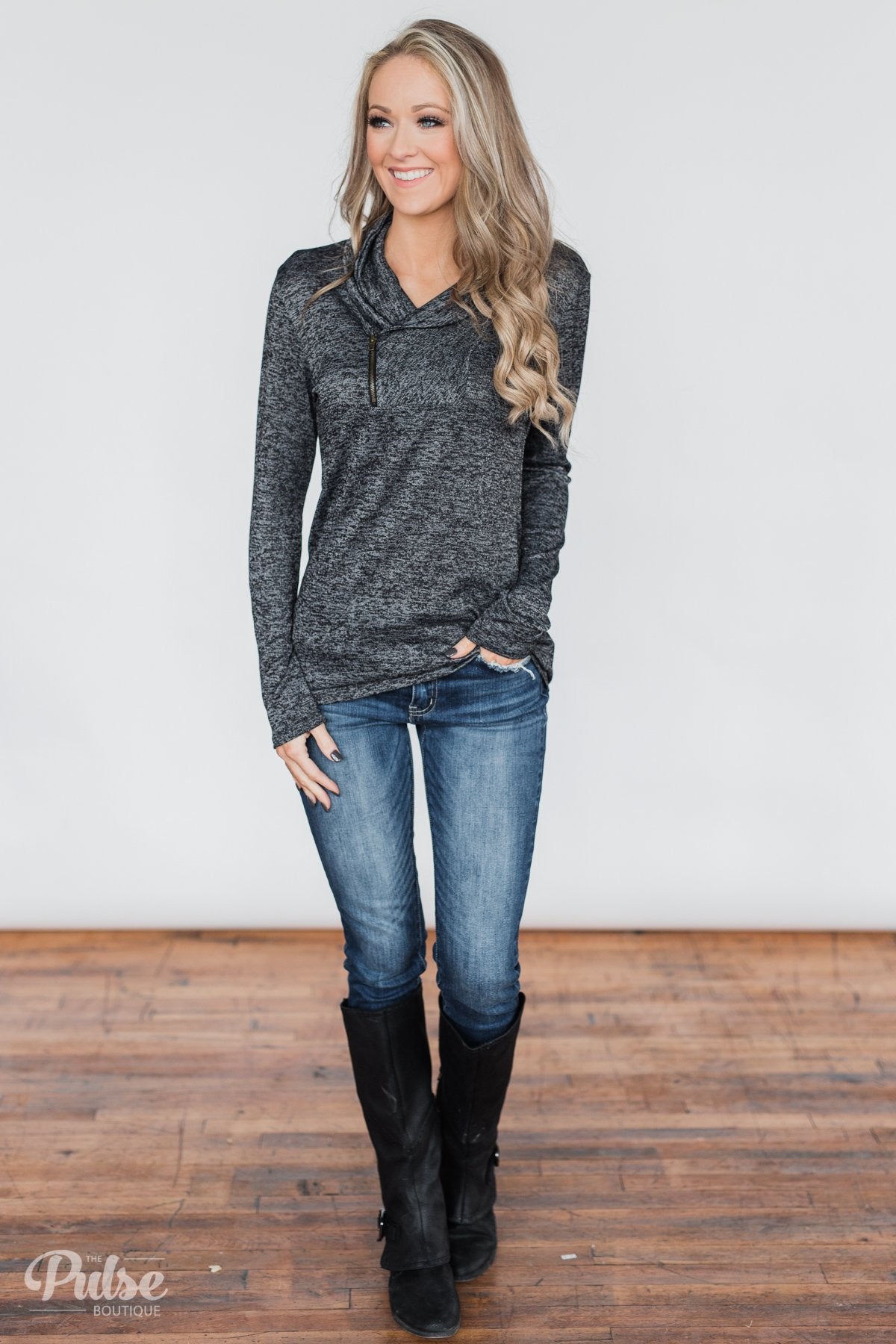 All This Time Zipper Pullover Top- Heather Black