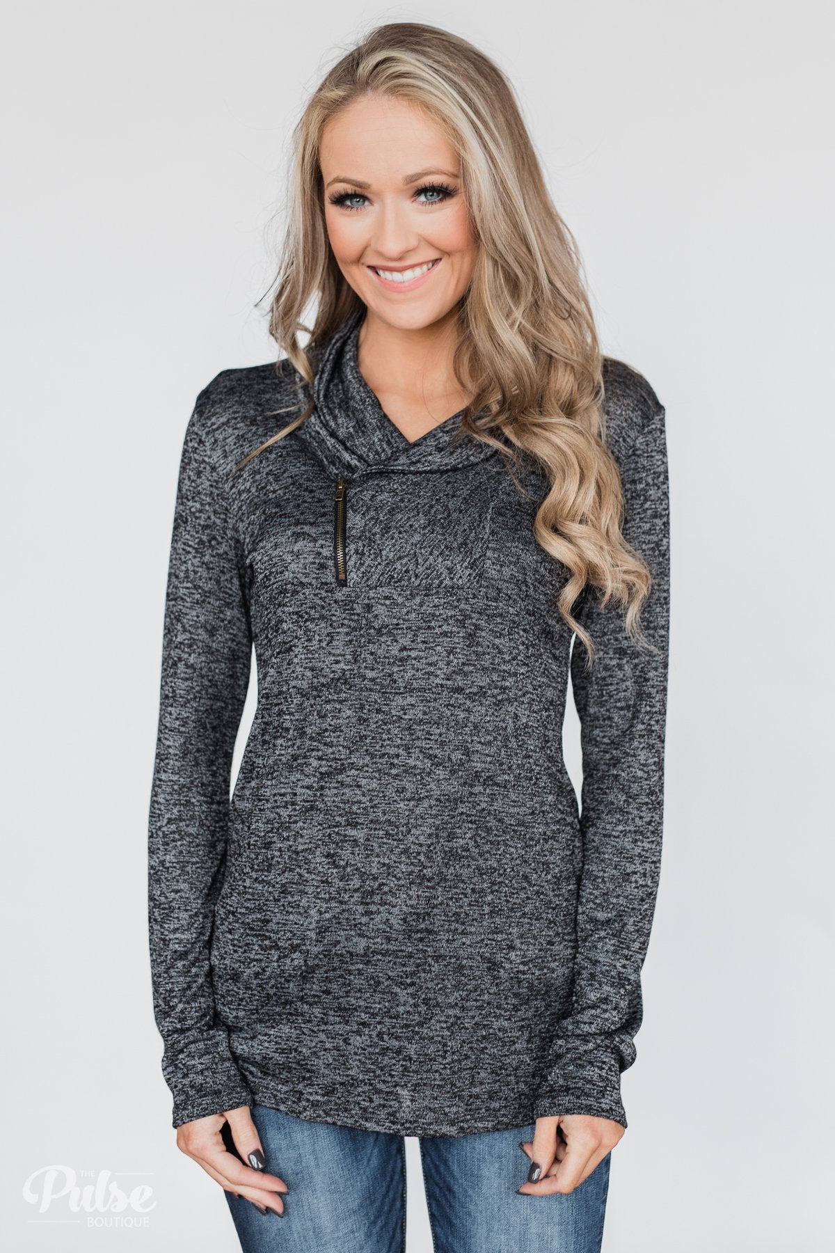 All This Time Zipper Pullover Top- Heather Black