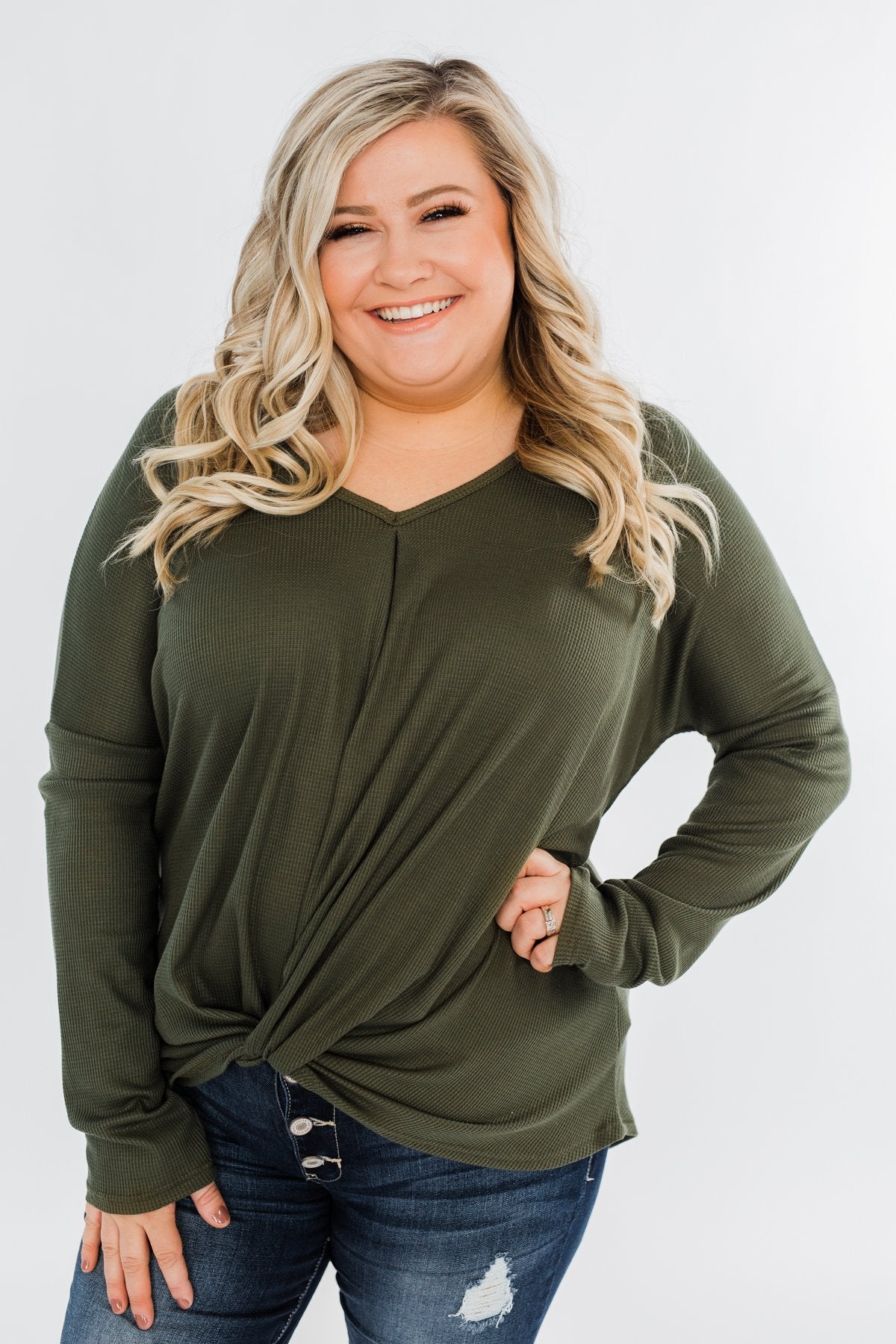 In Your Arms Thermal Twist Top- Olive