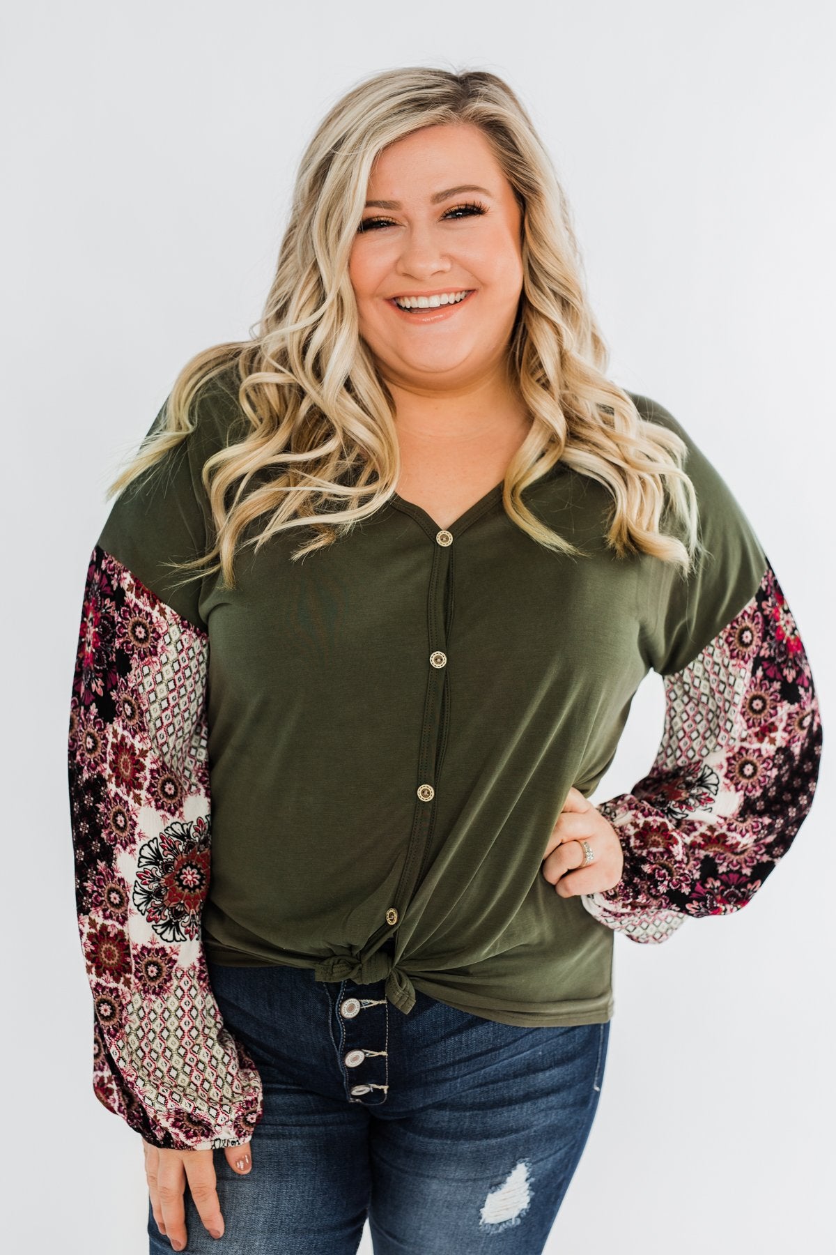 Stay Beautiful Floral Button Top- Olive