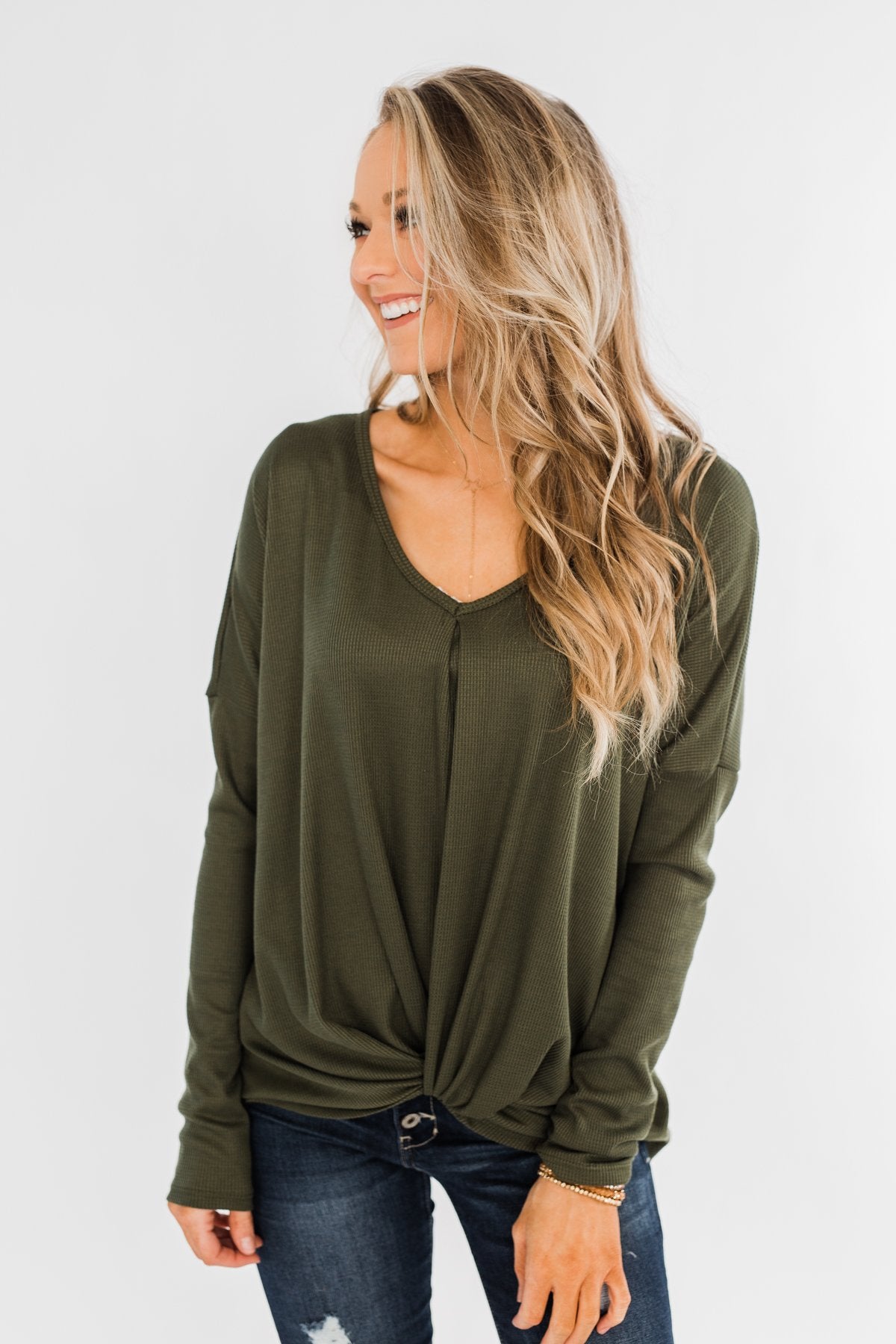 In Your Arms Thermal Twist Top- Olive