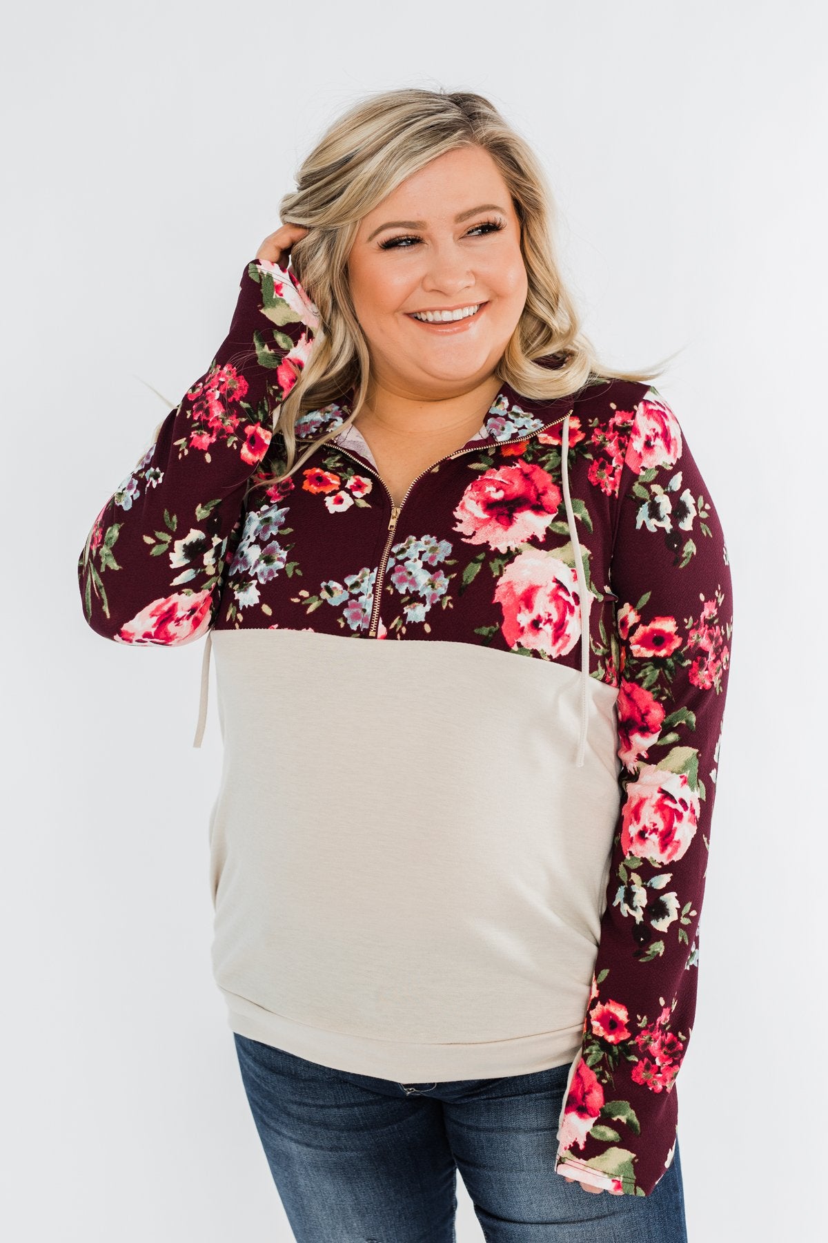 Fantastic Floral 1/4 Zip Hoodie- Burgundy