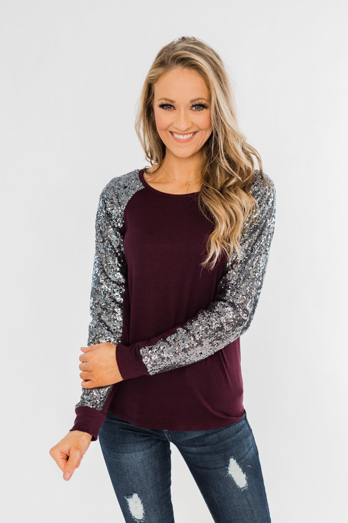 Caught My Eye Sequin Top- Plum