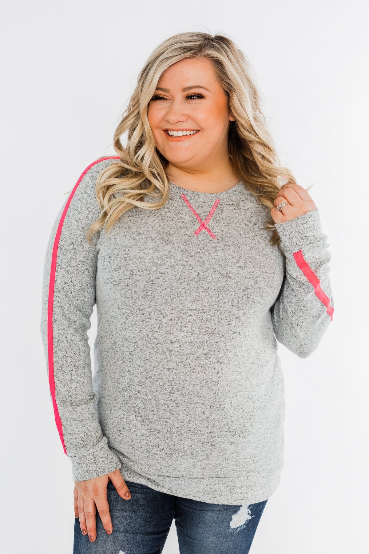 Pep In My Step Stripe Pullover Top- Heather Grey