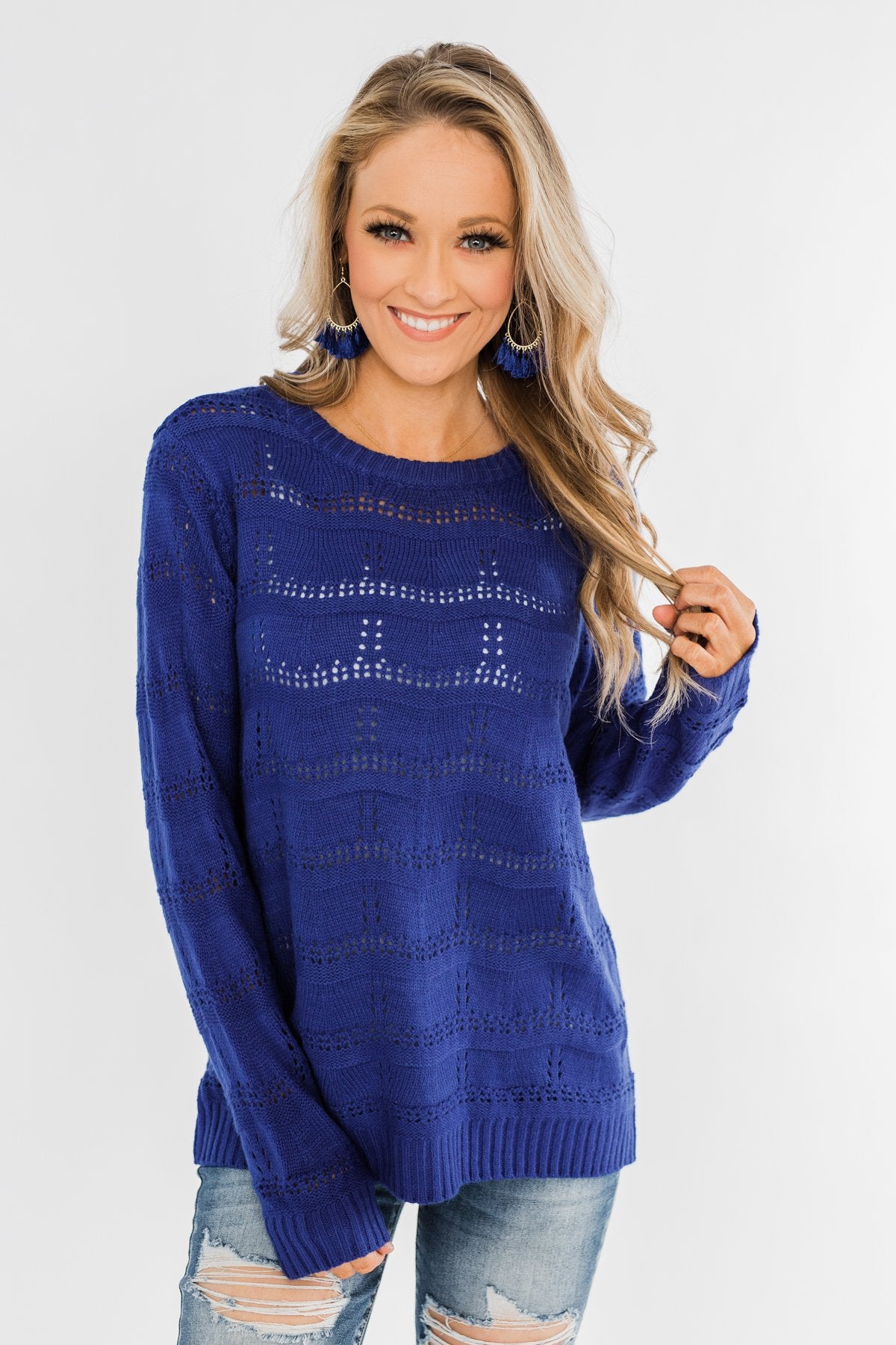 Royal Harmony Open Knit Sweater- Royal Blue