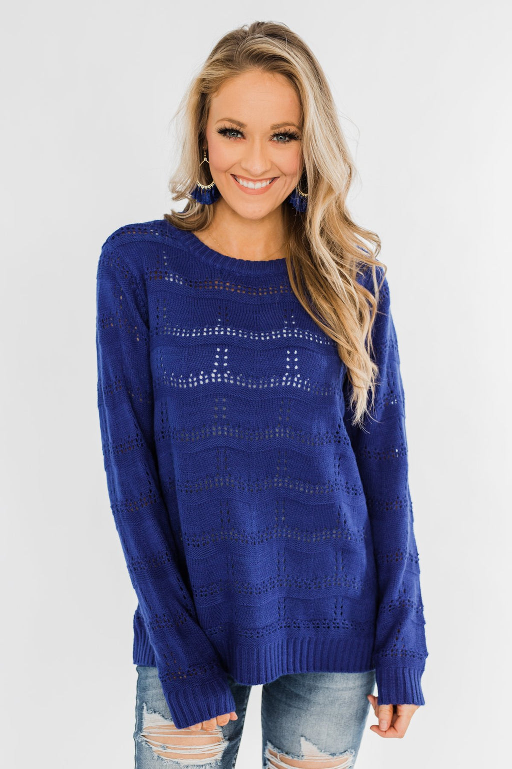 Royal Harmony Open Knit Sweater- Royal Blue