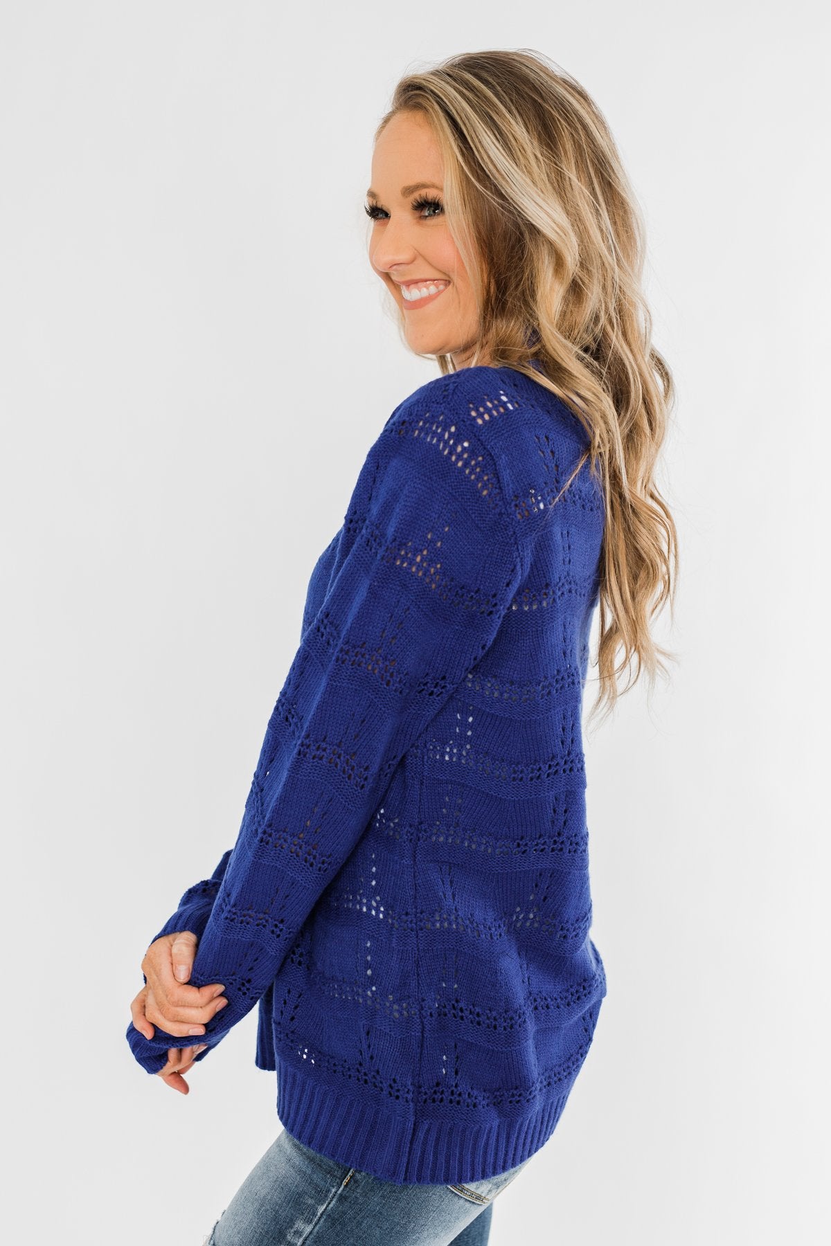 Royal Harmony Open Knit Sweater- Royal Blue