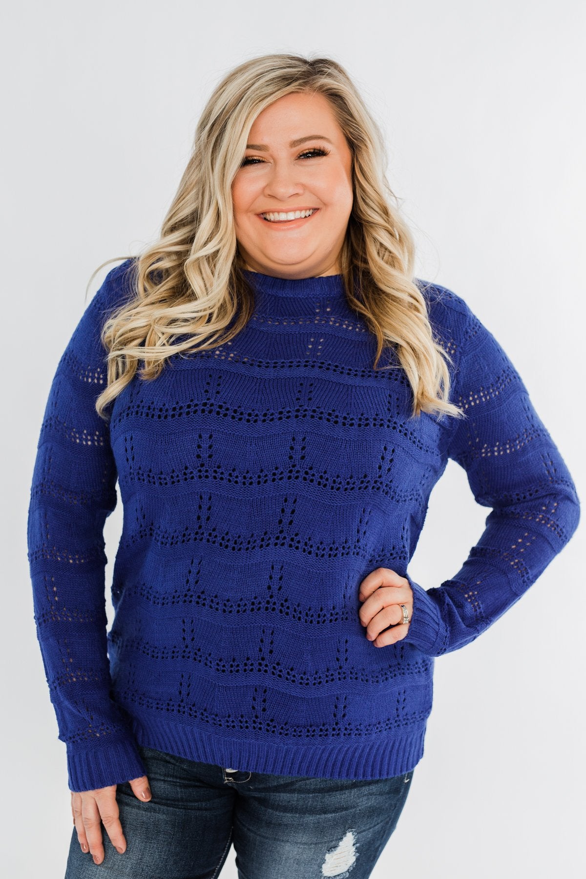 Royal Harmony Open Knit Sweater- Royal Blue
