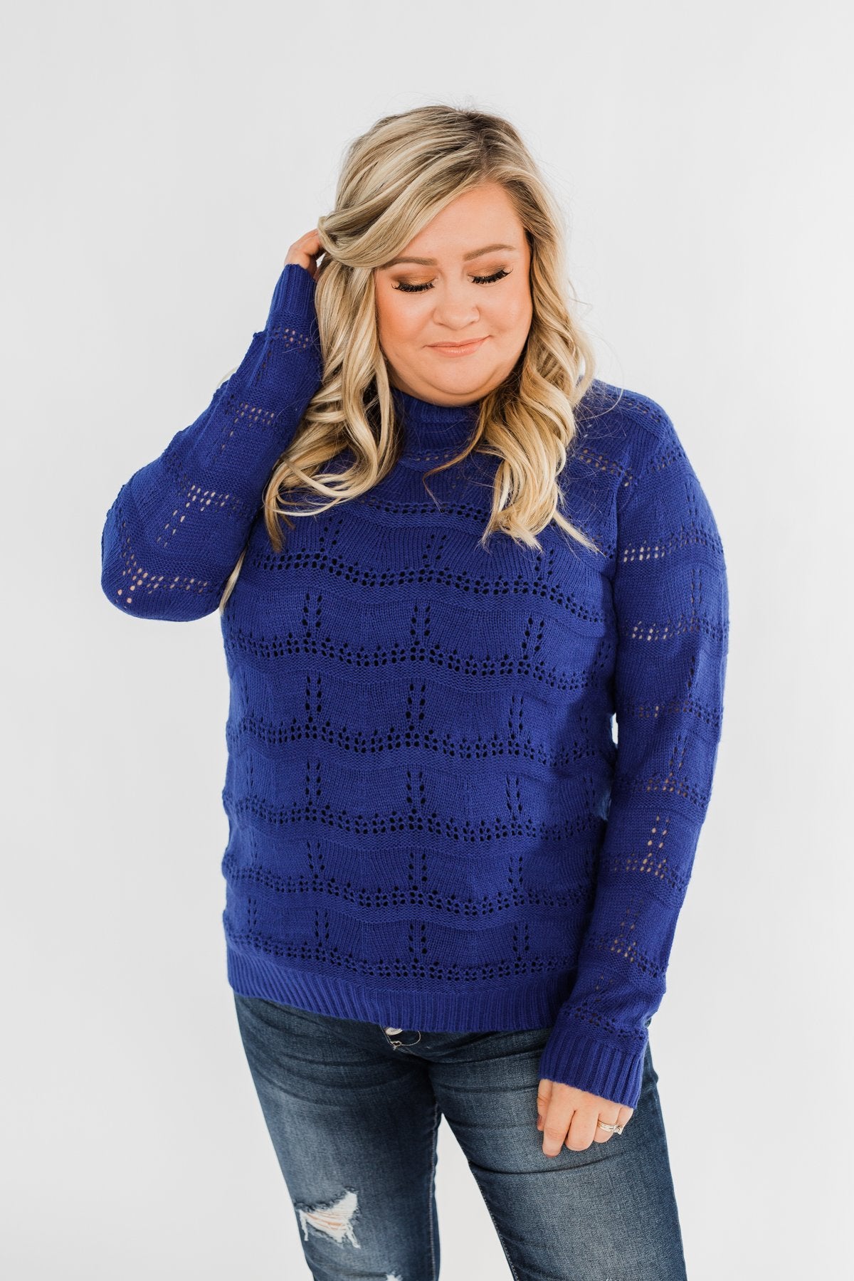 Royal Harmony Open Knit Sweater- Royal Blue