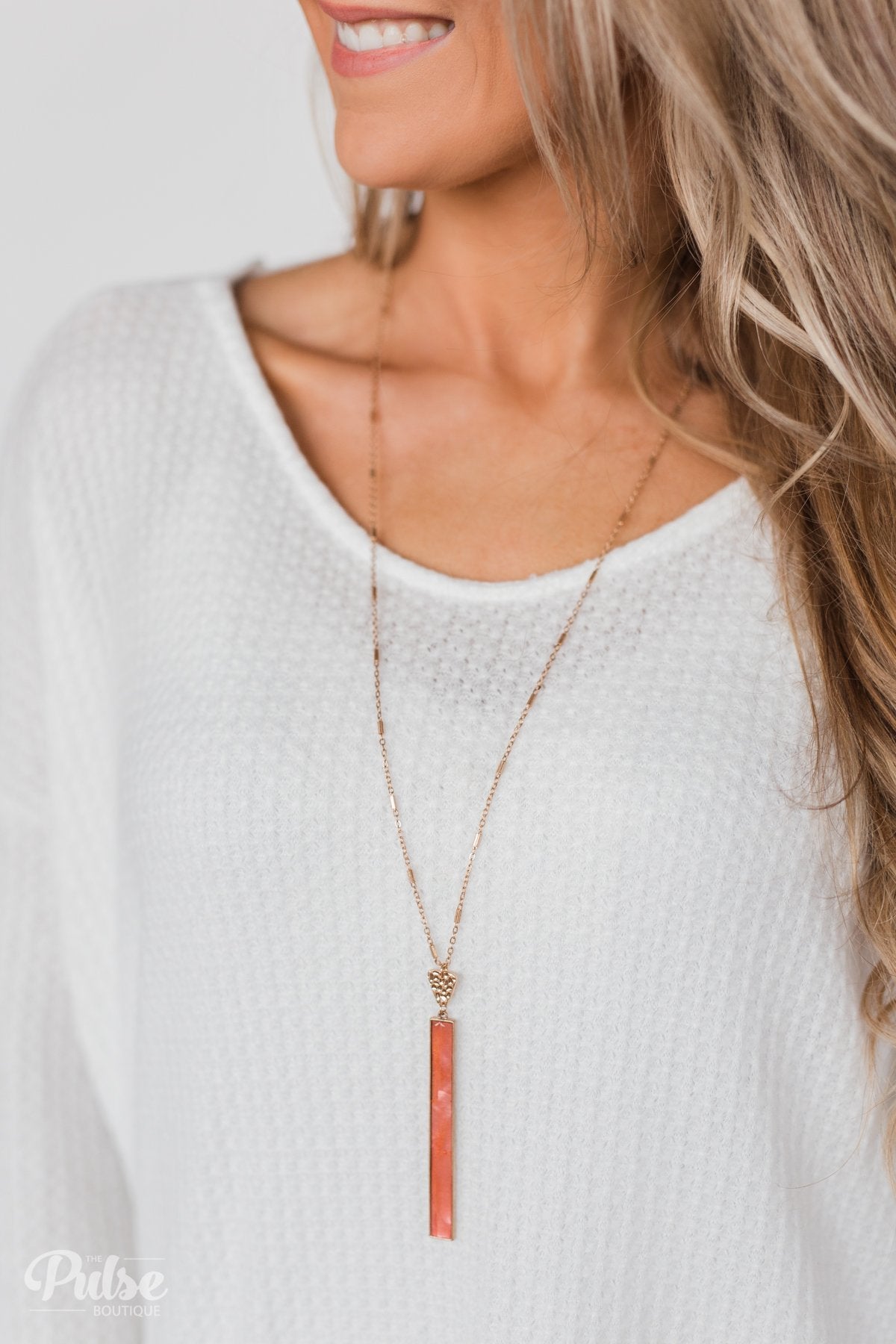 Cute & Simple Long Rectangle Necklace- Peach