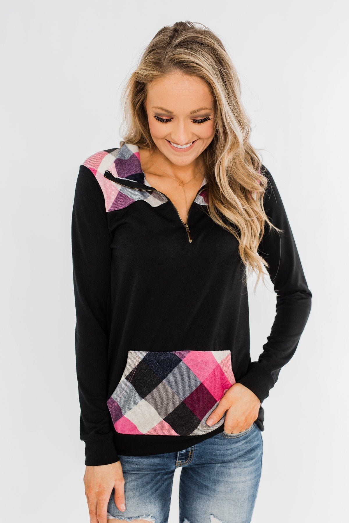 Dancing In The Dark Quarter Zip Pullover- Black