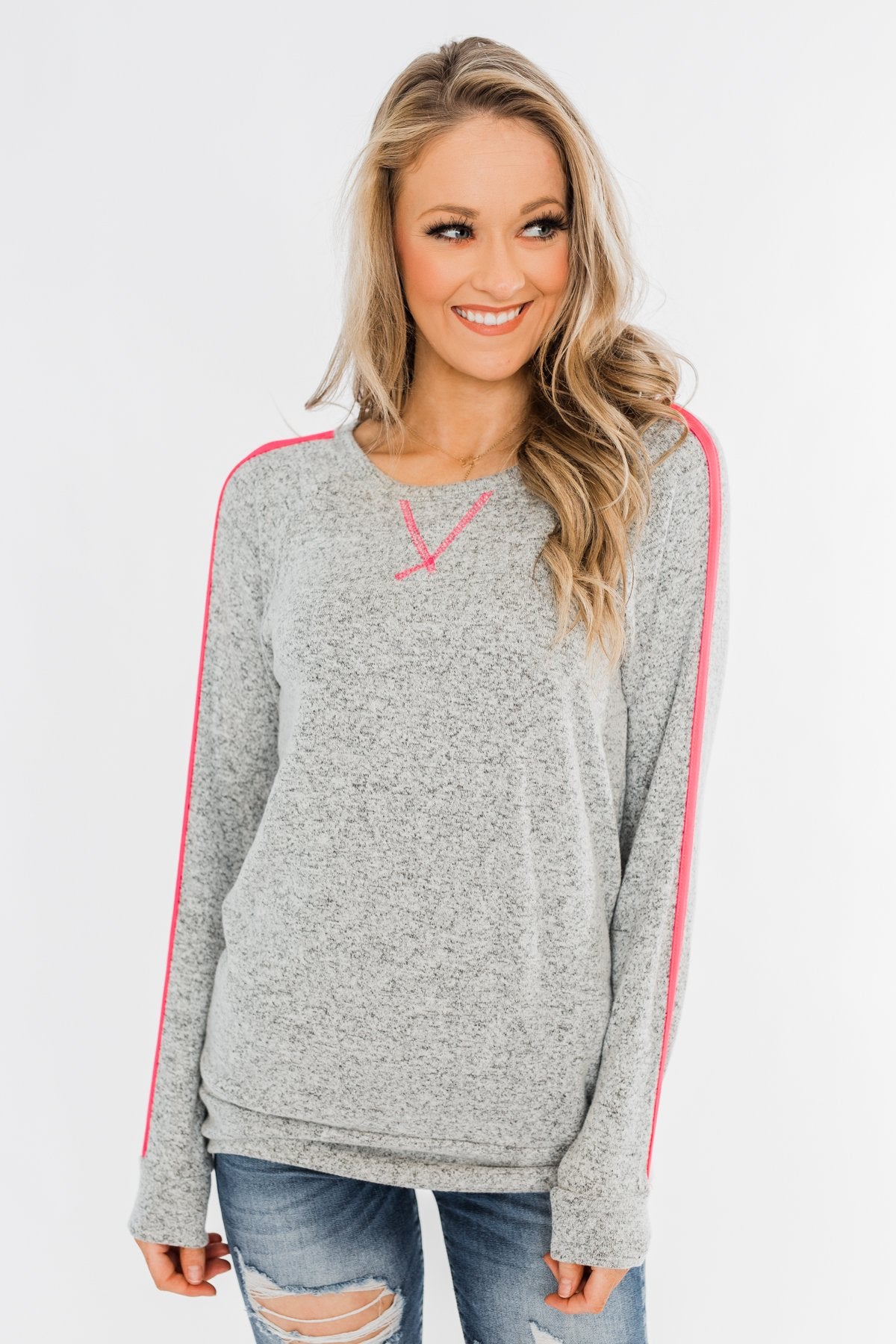 Pep In My Step Stripe Pullover Top- Heather Grey