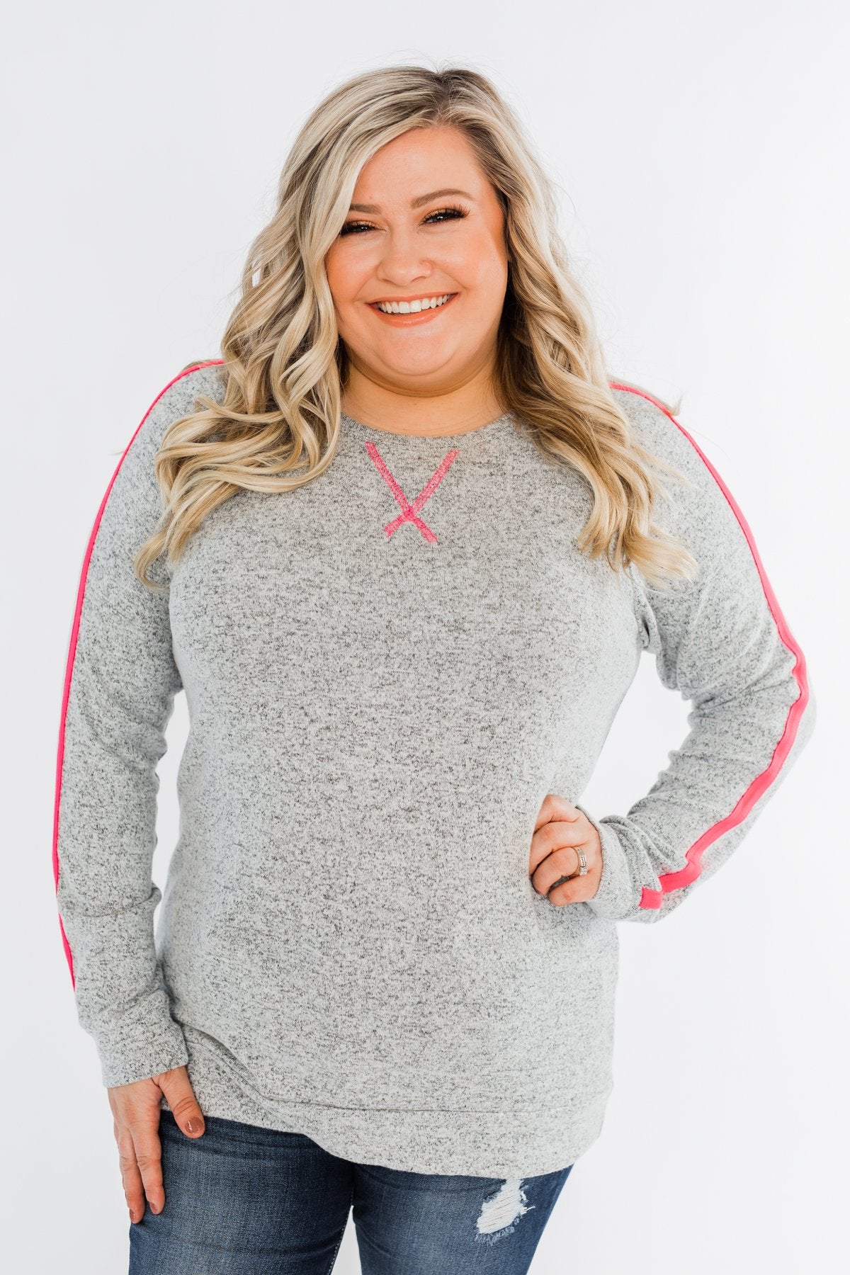 Pep In My Step Stripe Pullover Top- Heather Grey