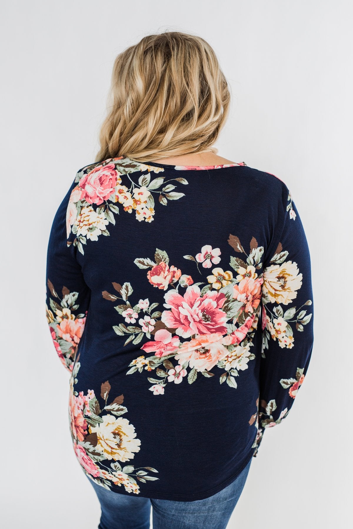 Lovely Feelings Long Sleeve Floral Blouse- Navy
