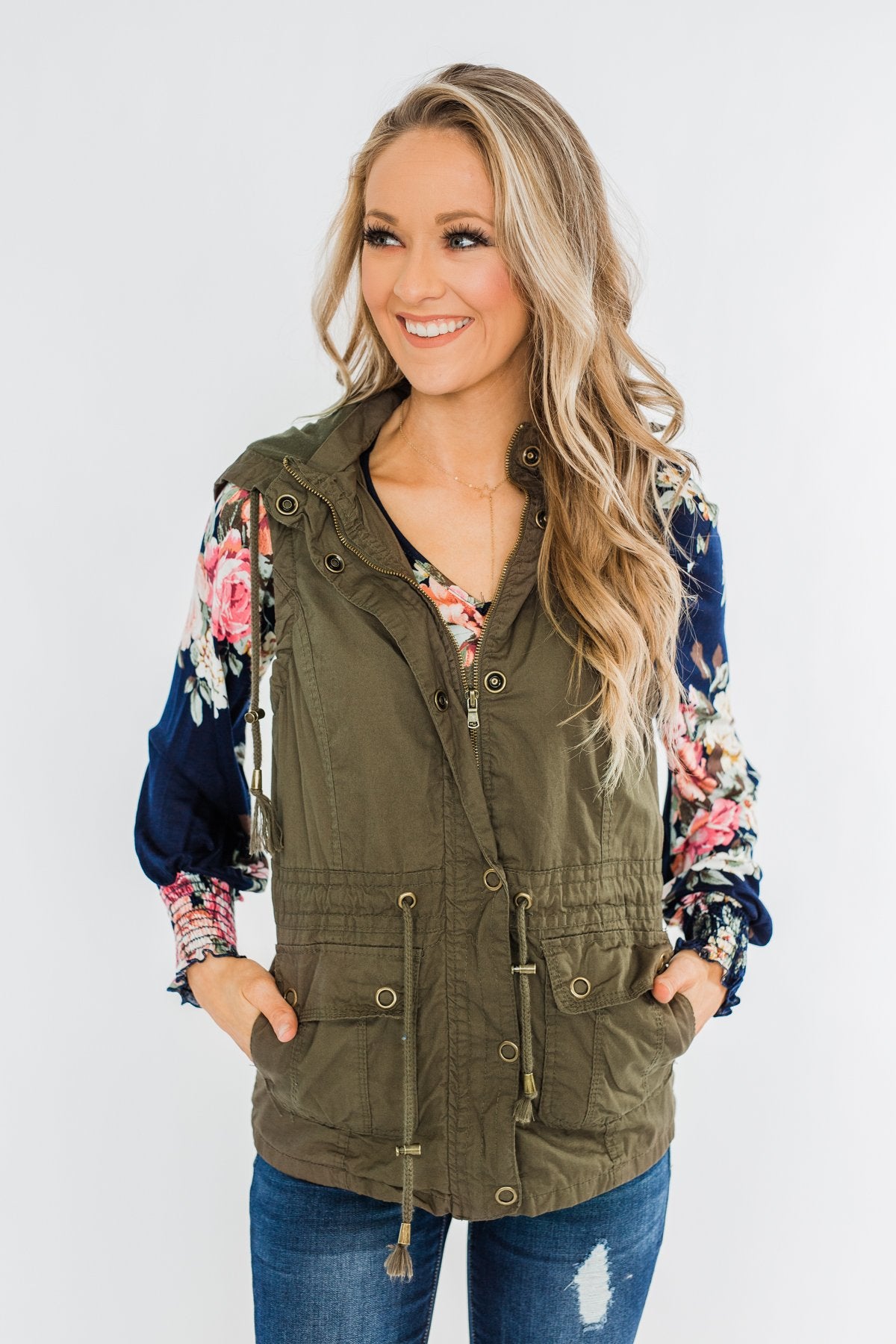 Lovely Feelings Long Sleeve Floral Blouse- Navy