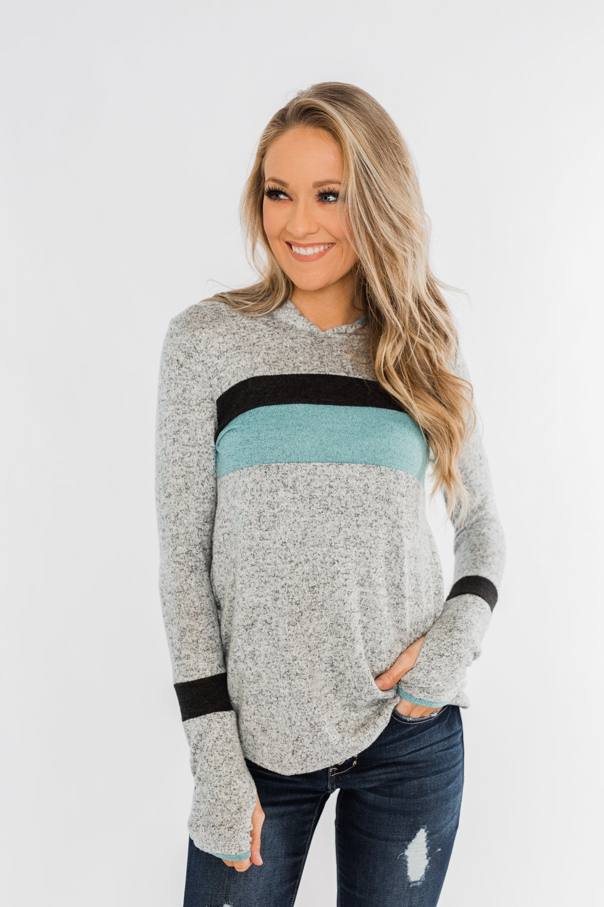 Only A Matter Of Time Hoodie- Heather Grey & Mint Blue