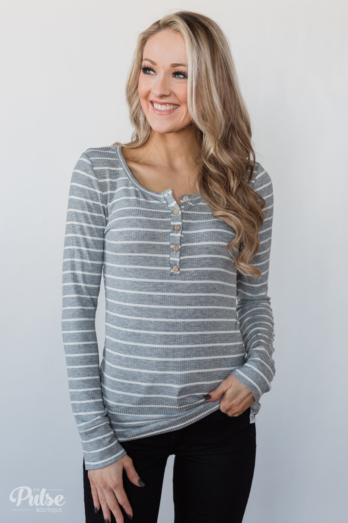 Need You Now 5-Button Henley Top- Grey Striped
