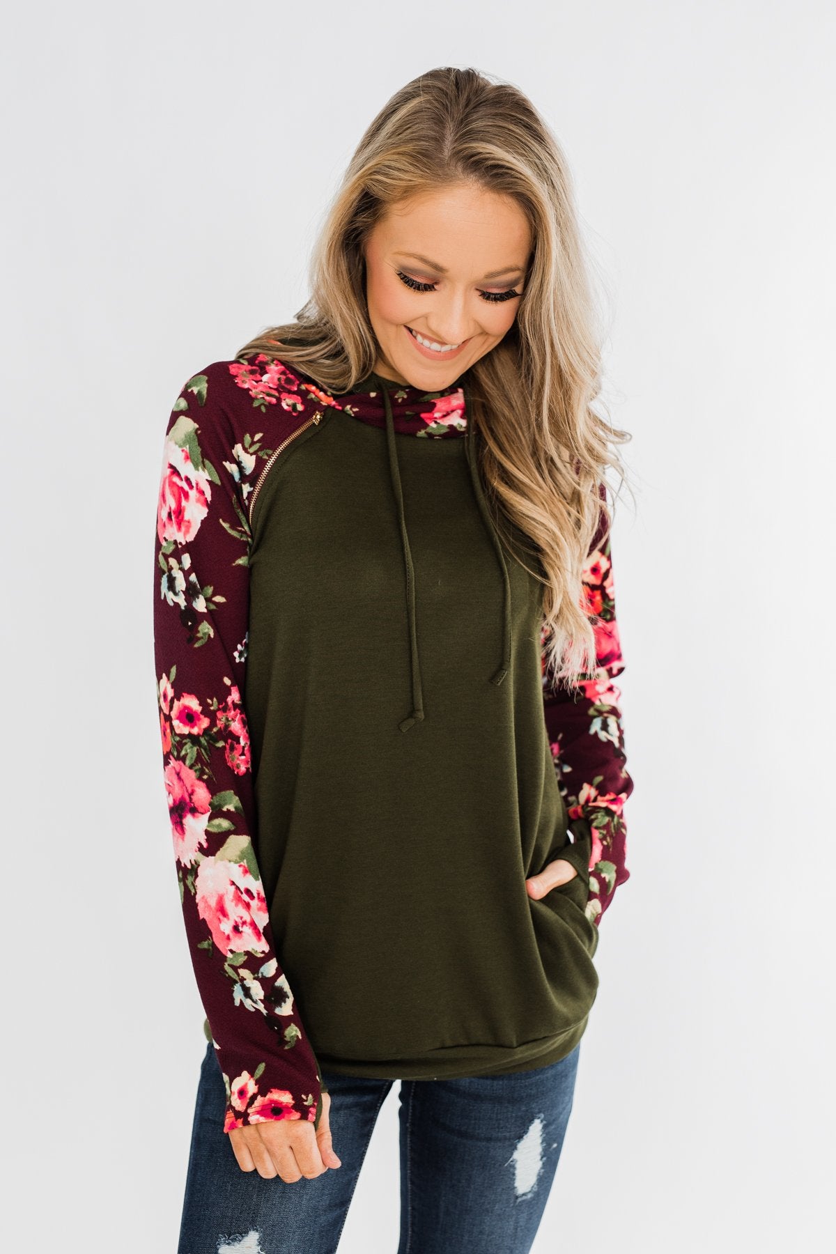 Easy On The Eyes Floral Double Hoodie- Army Green