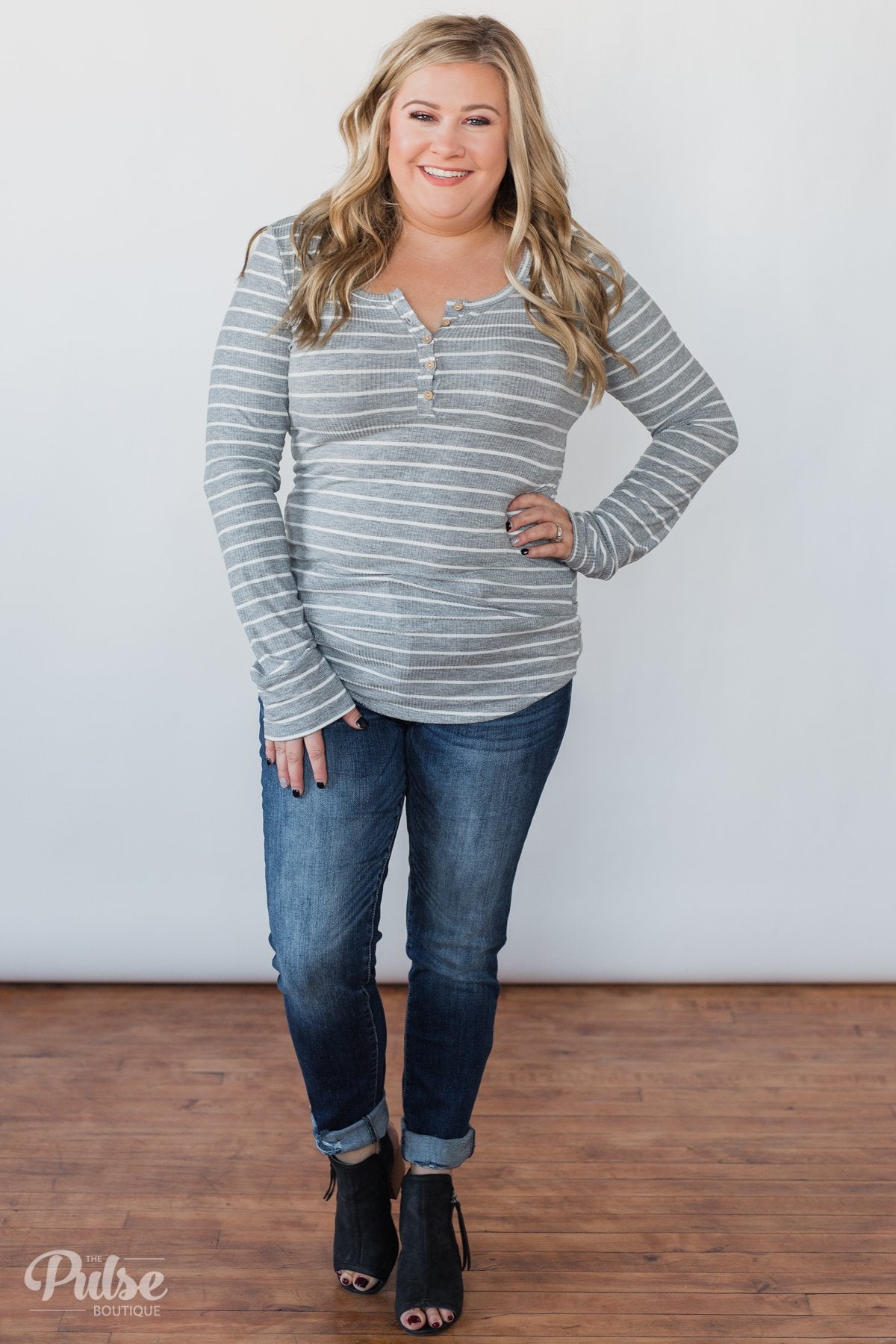 Need You Now 5-Button Henley Top- Grey Striped