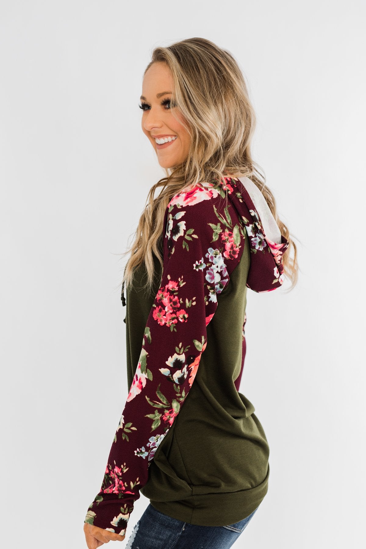 Easy On The Eyes Floral Double Hoodie- Army Green