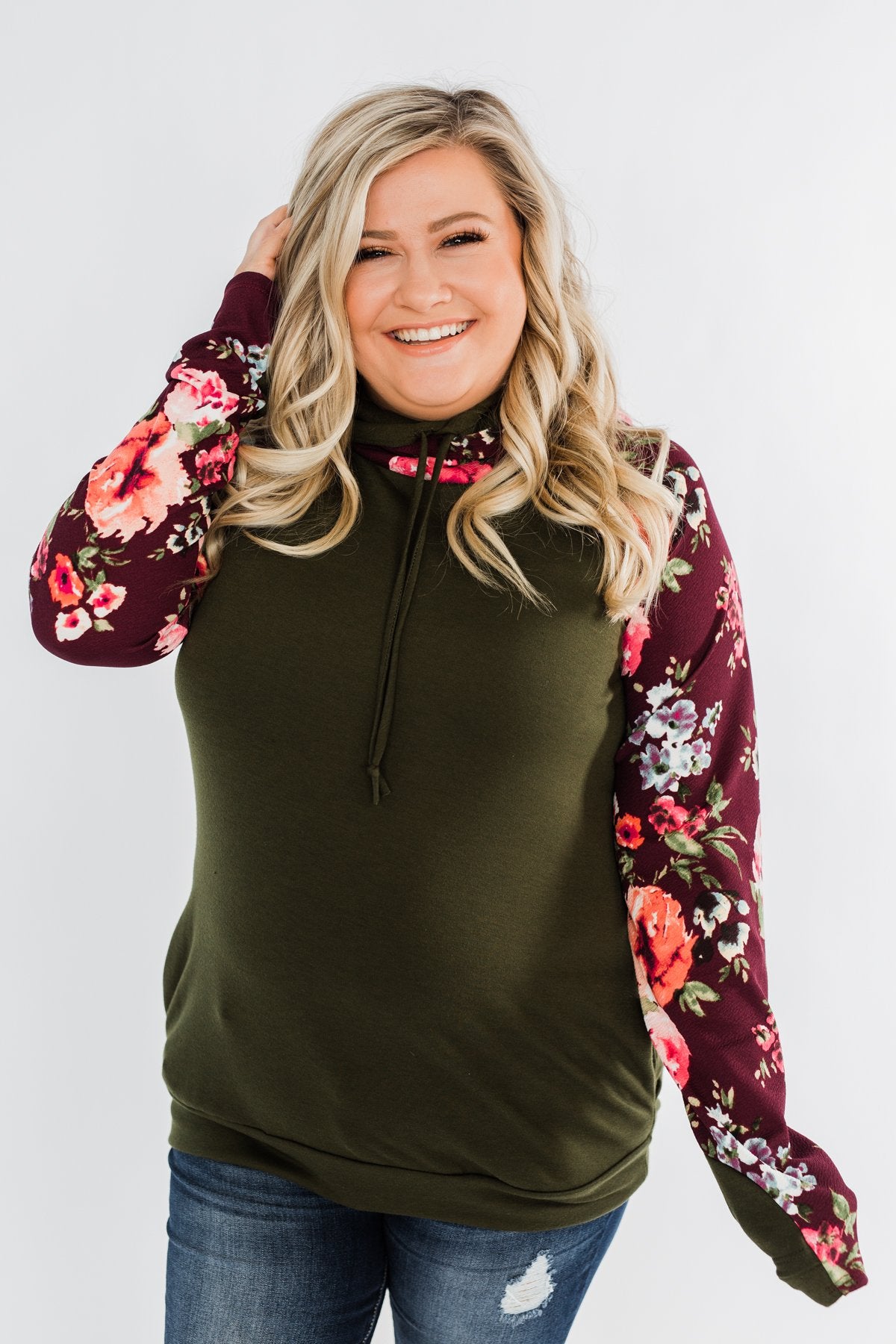 Easy On The Eyes Floral Double Hoodie- Army Green